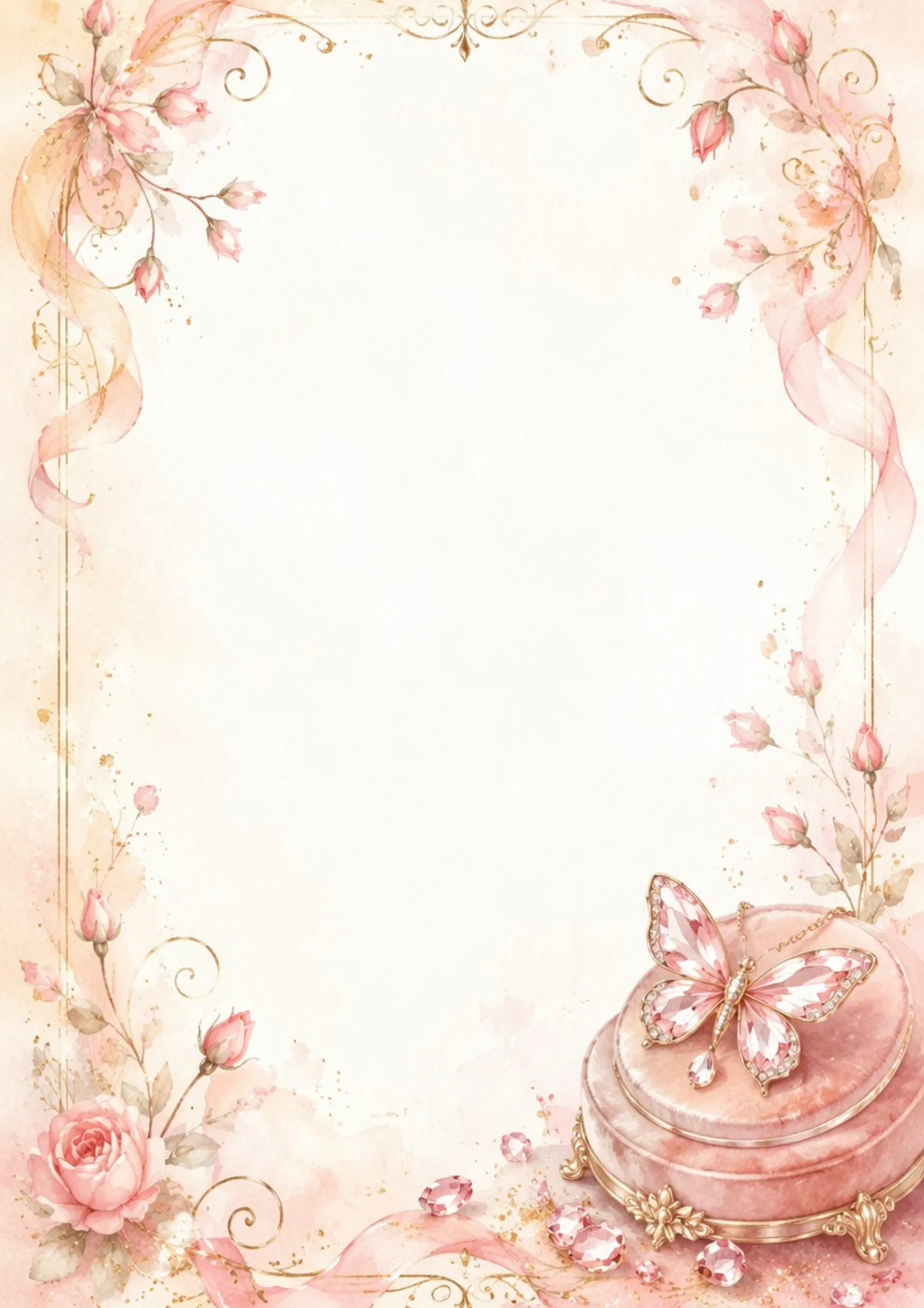 A soft pink writing page featuring a rose gold butterfly pendant set with pink crystals, resting on a velvet jewelry dish with rosebuds.