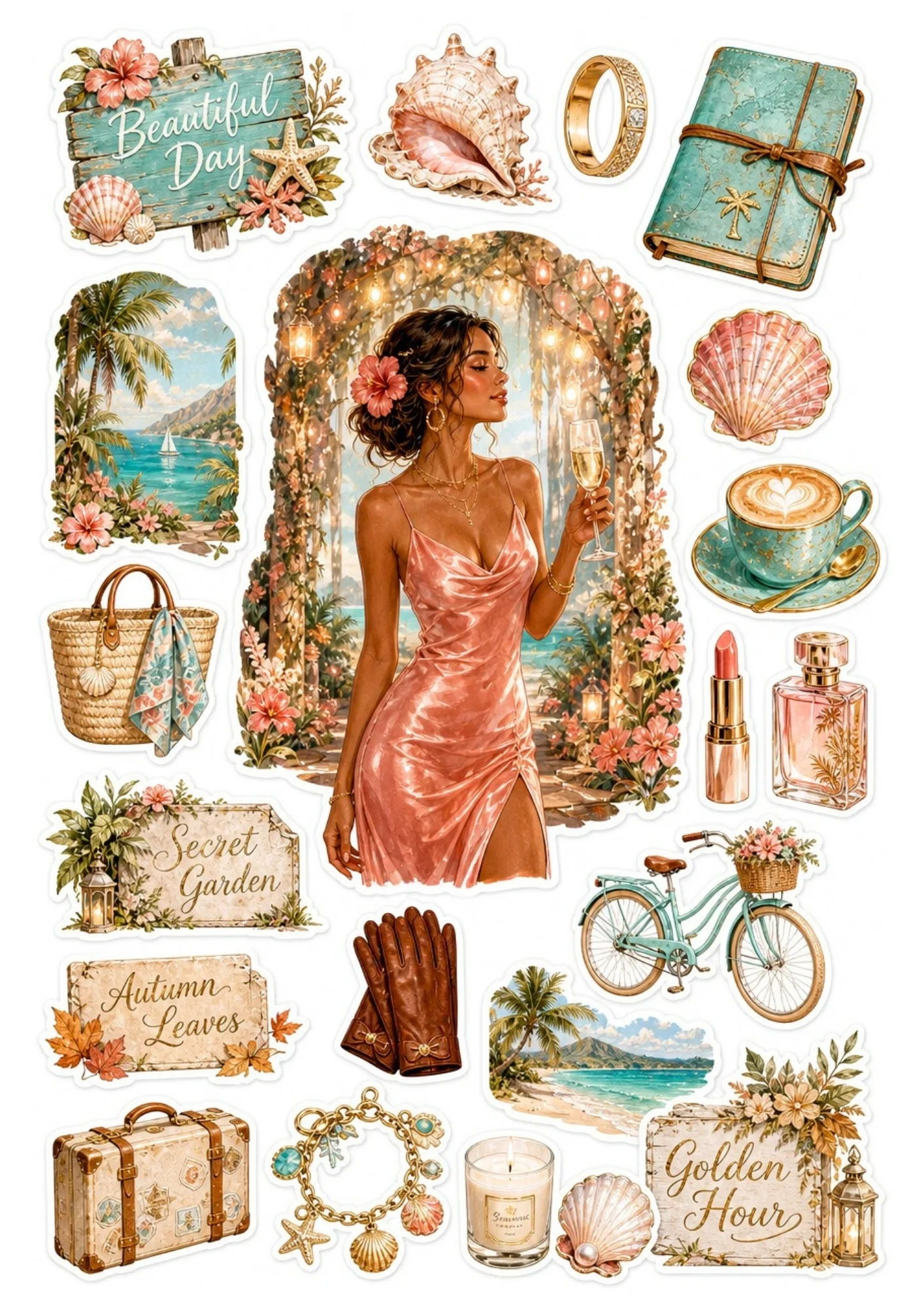 Printable sticker sheet featuring a woman in a rose-gold silk gown holding champagne under a lit floral arch, alongside accessories like a turquoise journal, bicycle, and perfume.