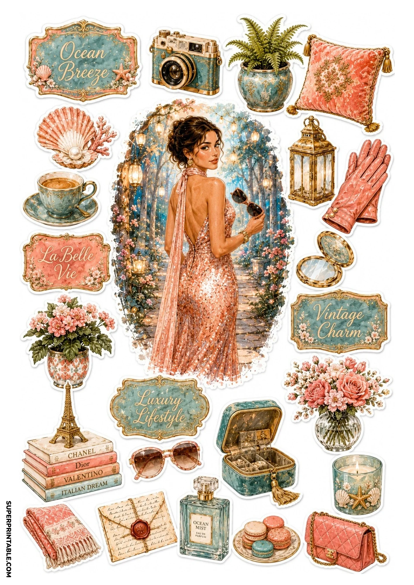 Printable sticker sheet showing a woman in a rose-gold gown along a lantern-lit garden path, plus coral accessories, teal jewelry box, and macarons.