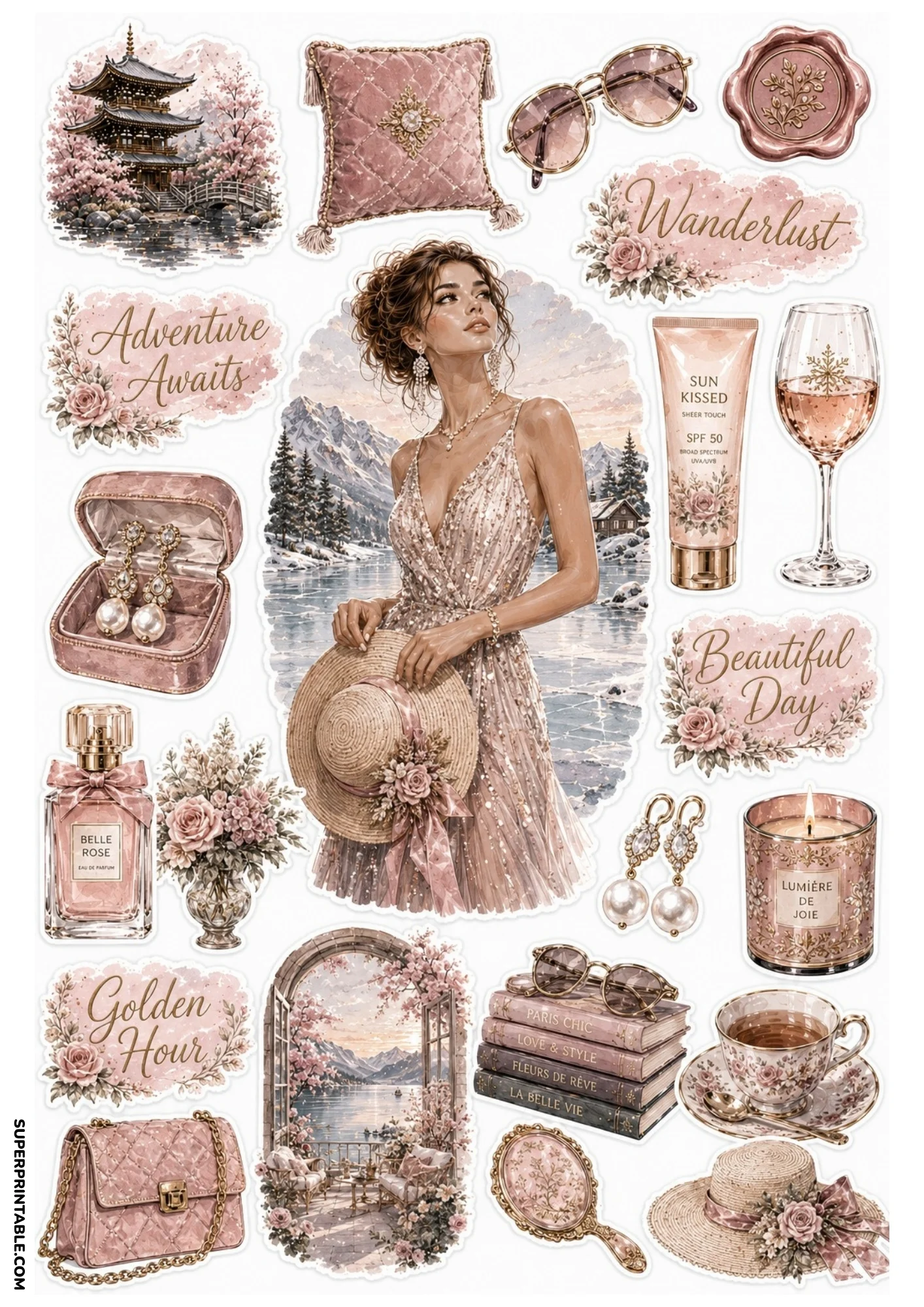 Rose gold sticker sheet with a Japanese pagoda temple, floral garden window, book stack, rose wine glass, perfume bottle, and straw hat.