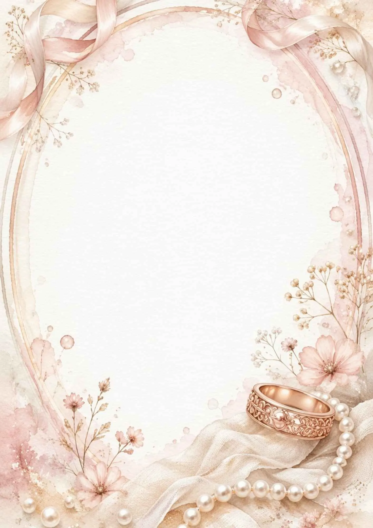 A watercolor writing page featuring a rose gold band with carved leaf patterns on cream silk, accompanied by a strand of pearls and pink ribbons.
