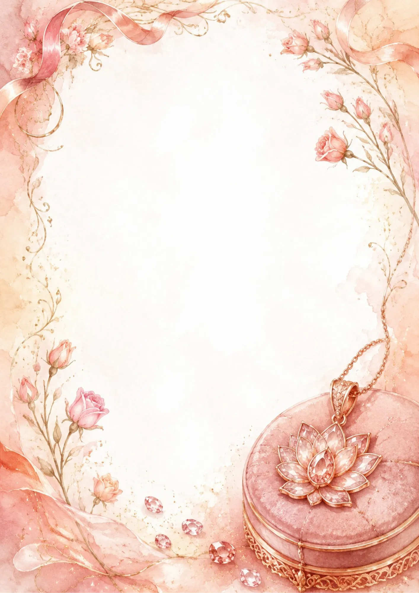 A warm coral writing page featuring a rose gold lotus flower pendant set with pink crystals, resting on a pink velvet box with roses.