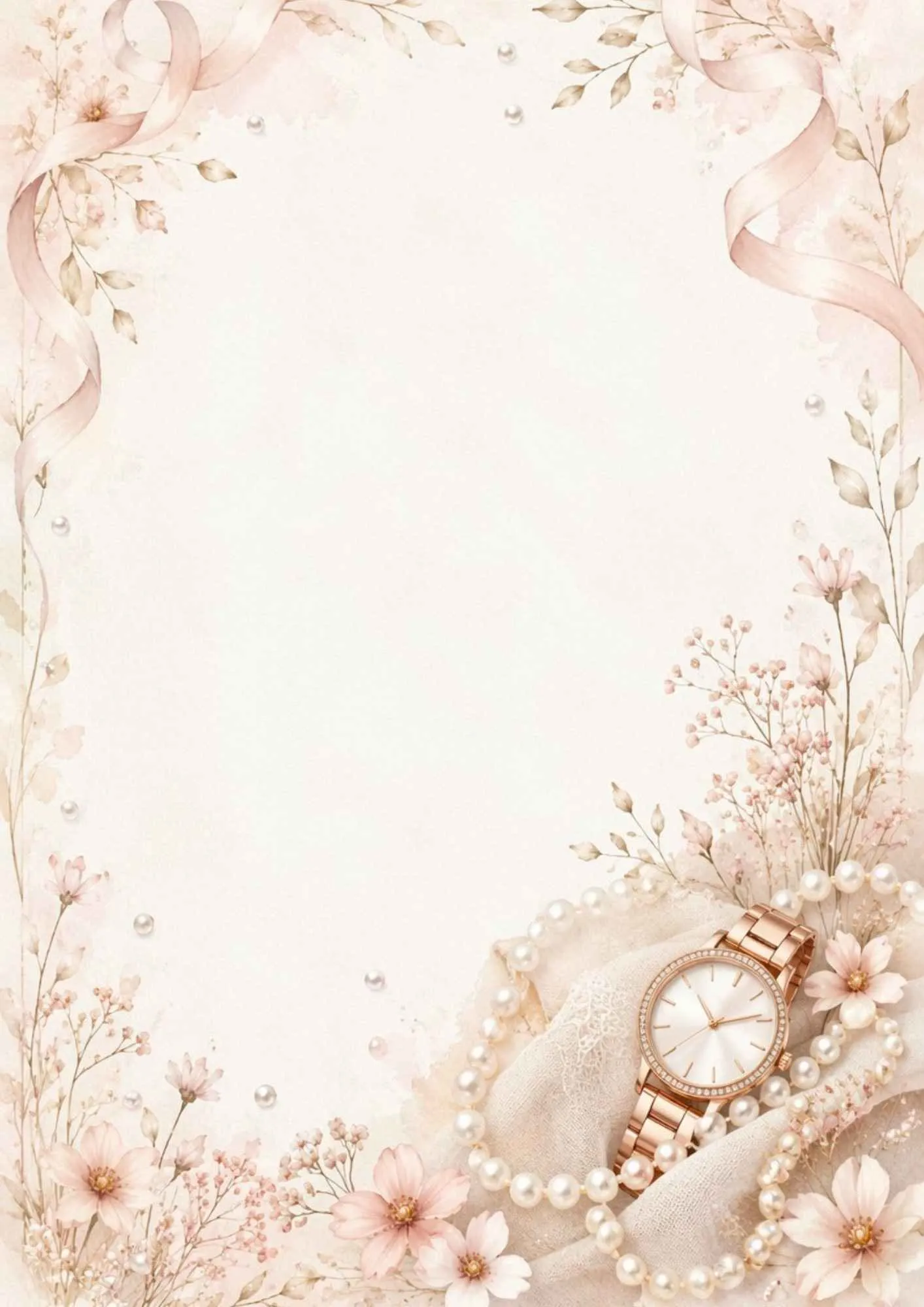 An elegant writing page featuring a rose gold watch with a pink dial, resting on a velvet cushion with pink ribbons.