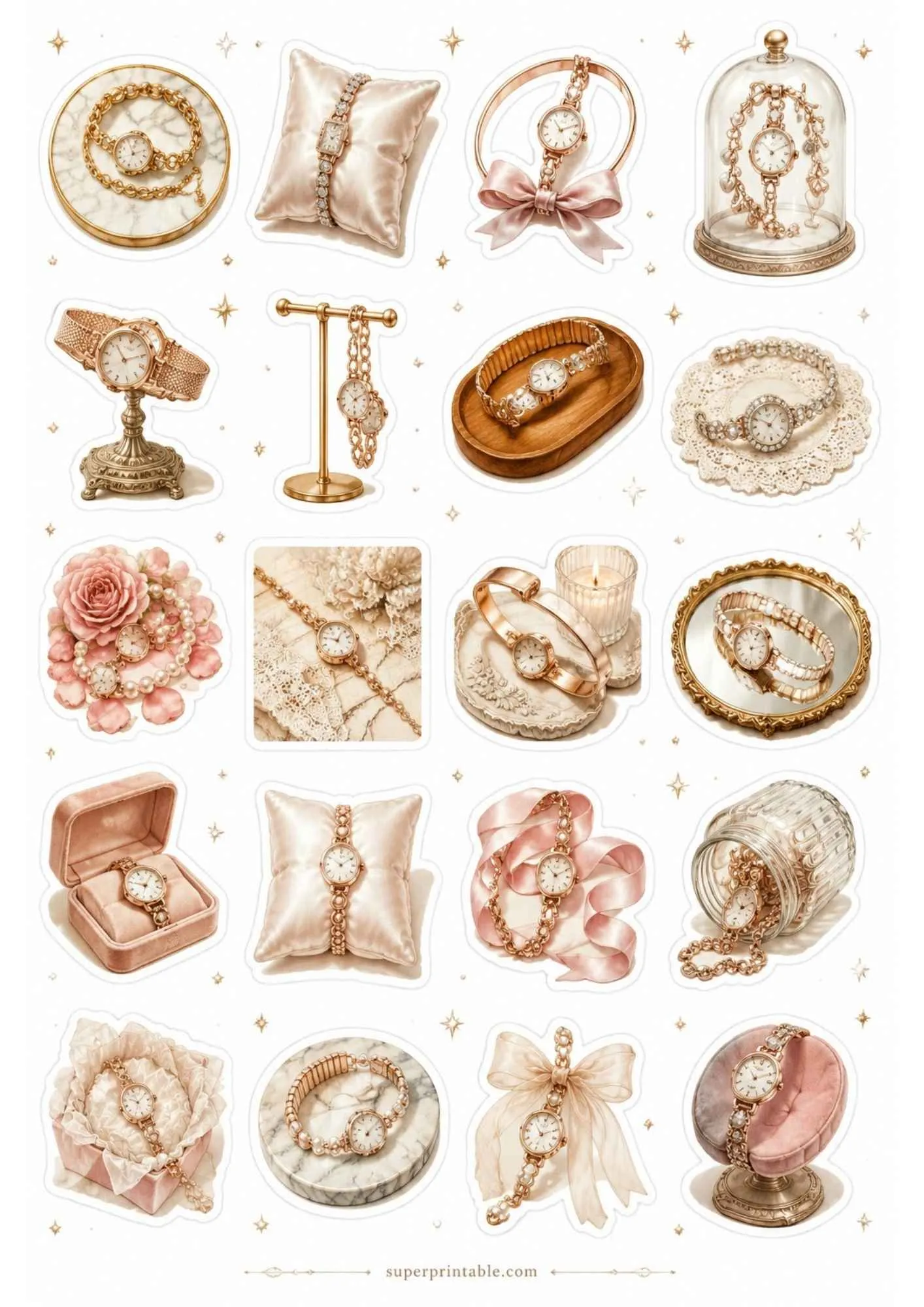A printable sticker sheet featuring feminine rose gold watches with pearl bracelets, gold ribbons, and velvet cushions.