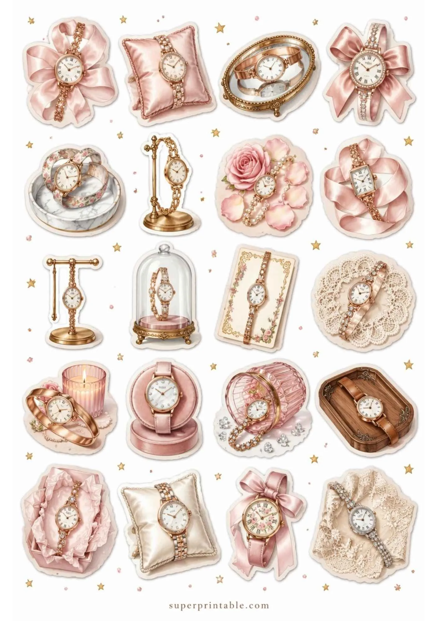 A sheet of printable stickers featuring elegant rose gold watches decorated with soft pink satin ribbons, delicate roses, and pearls.