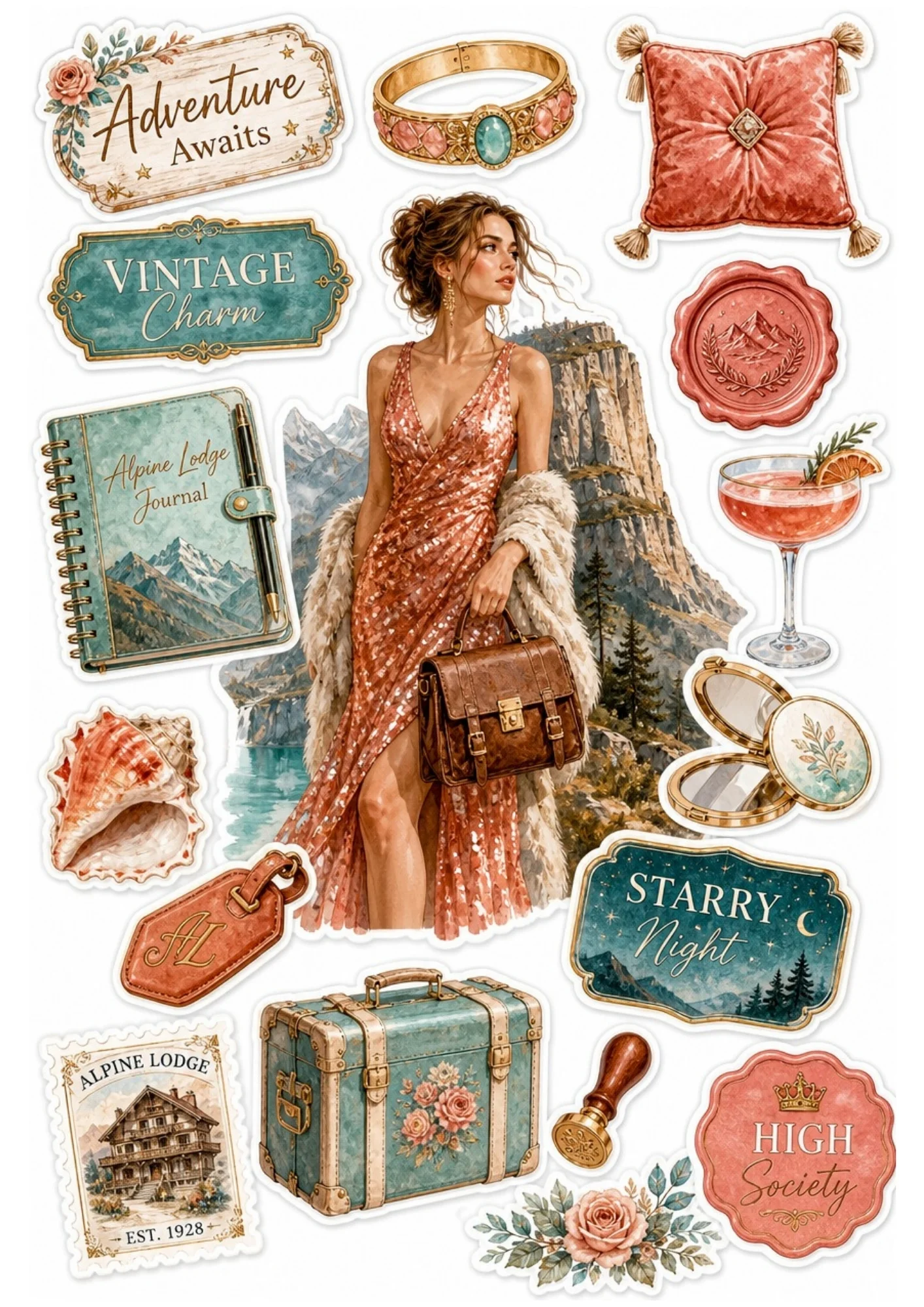 A rose gold sticker sheet featuring a woman in a sequin dress, leather briefcase, teal floral trunk, notebook, and stamp.