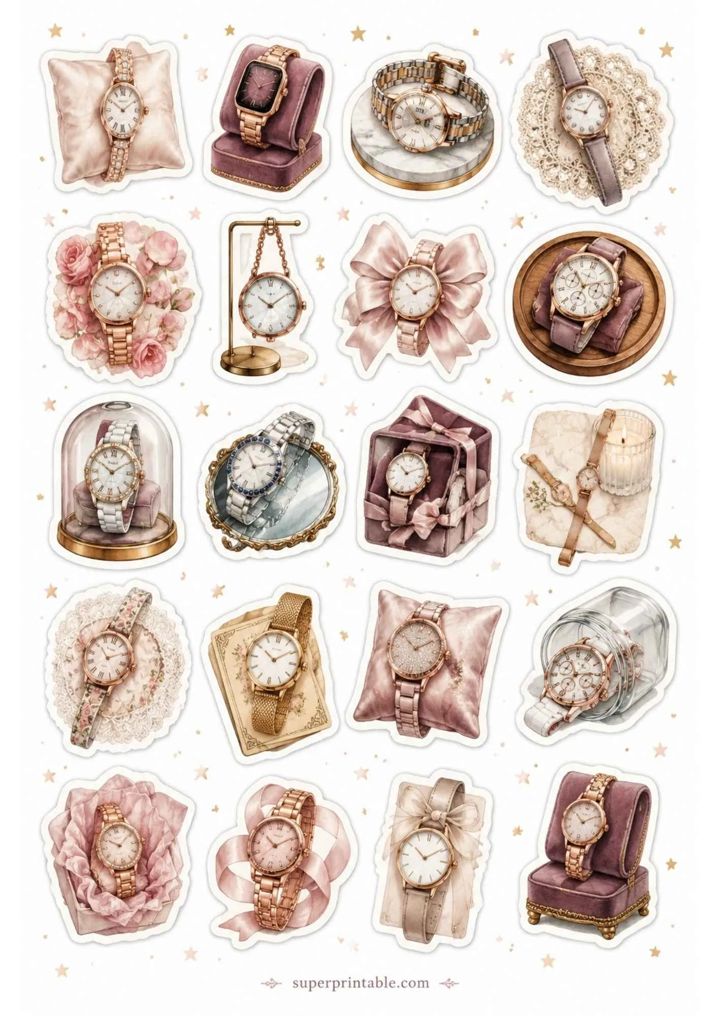 A sheet of printable stickers showing modern rose gold and silver smartwatches and multi-dial chronographs with pink marble accents.