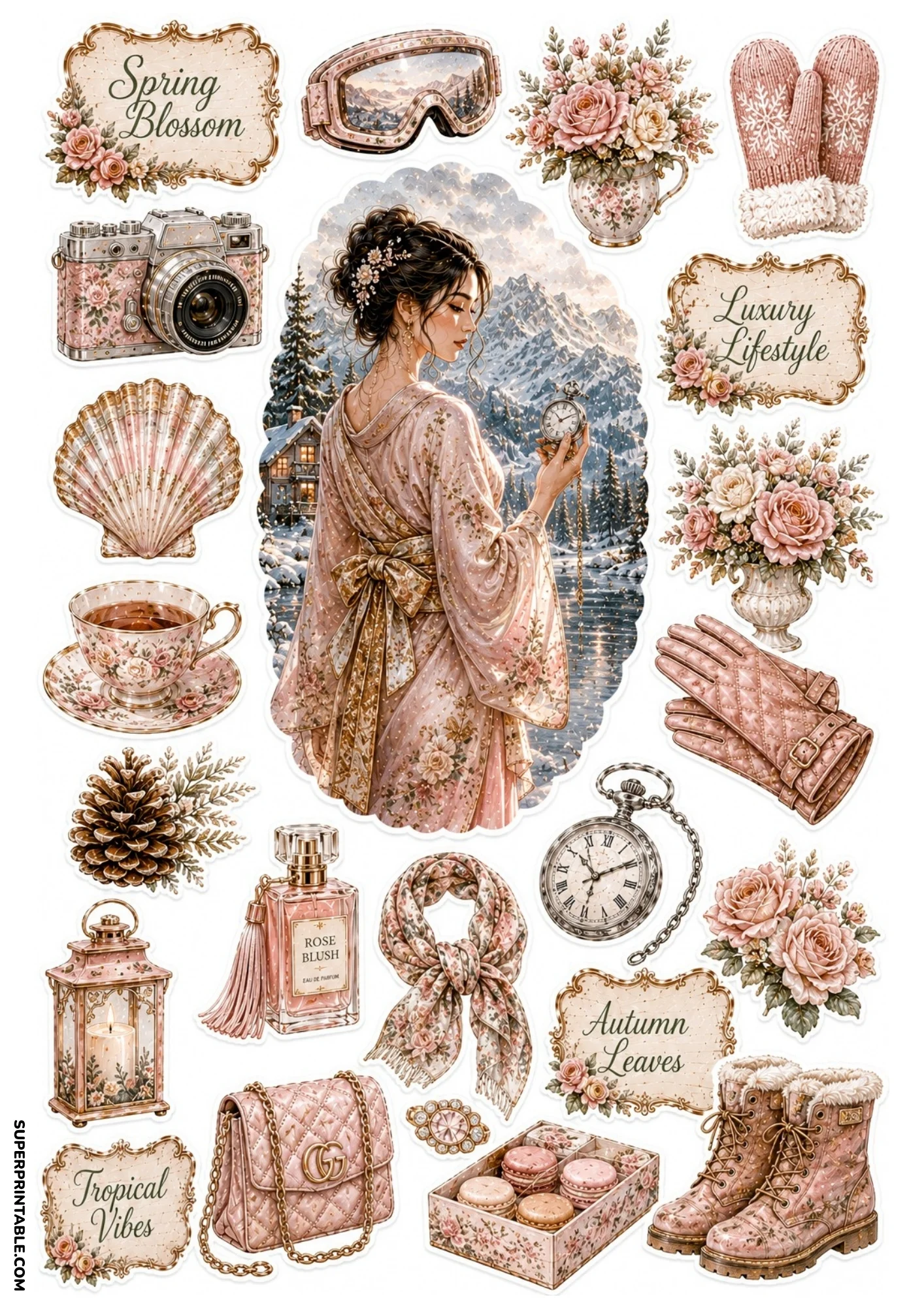 Printable sticker sheet featuring a woman in a rose kimono holding a pocket watch against a snowy mountain backdrop, encircled by pink boots, macaron box, mittens, and vintage floral camera.