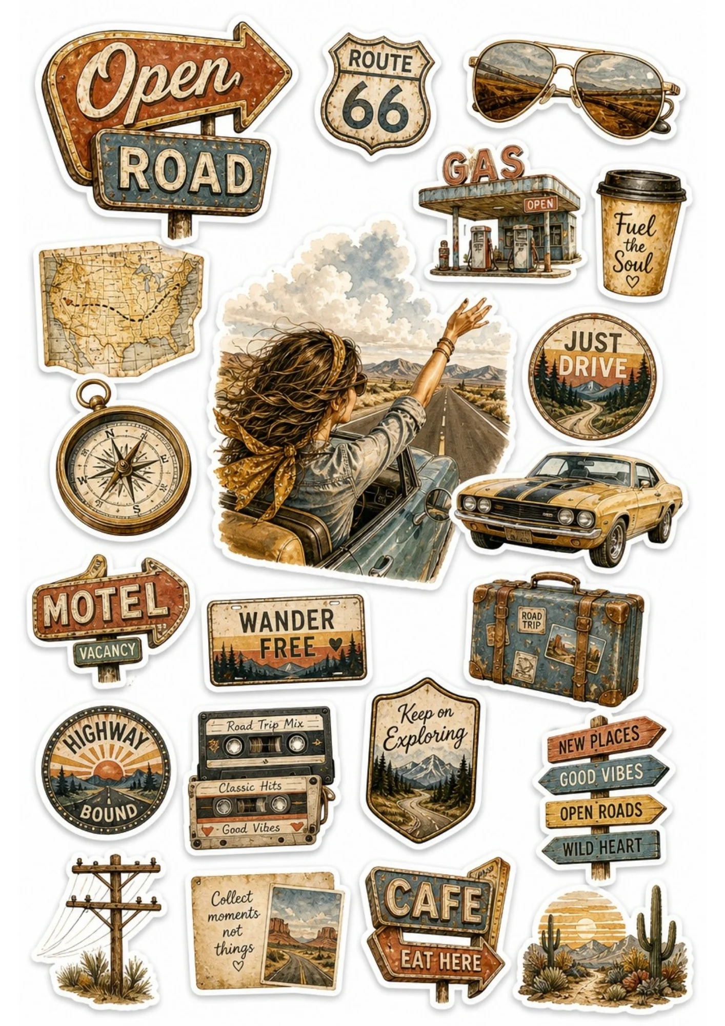 A girl riding in a convertible with her hand out the window on a desert highway. Surrounding stickers include Route 66 signs, vintage gas stations, classic cars, cassette tapes, and text saying 'Open Road' and 'Highway Bound'.
