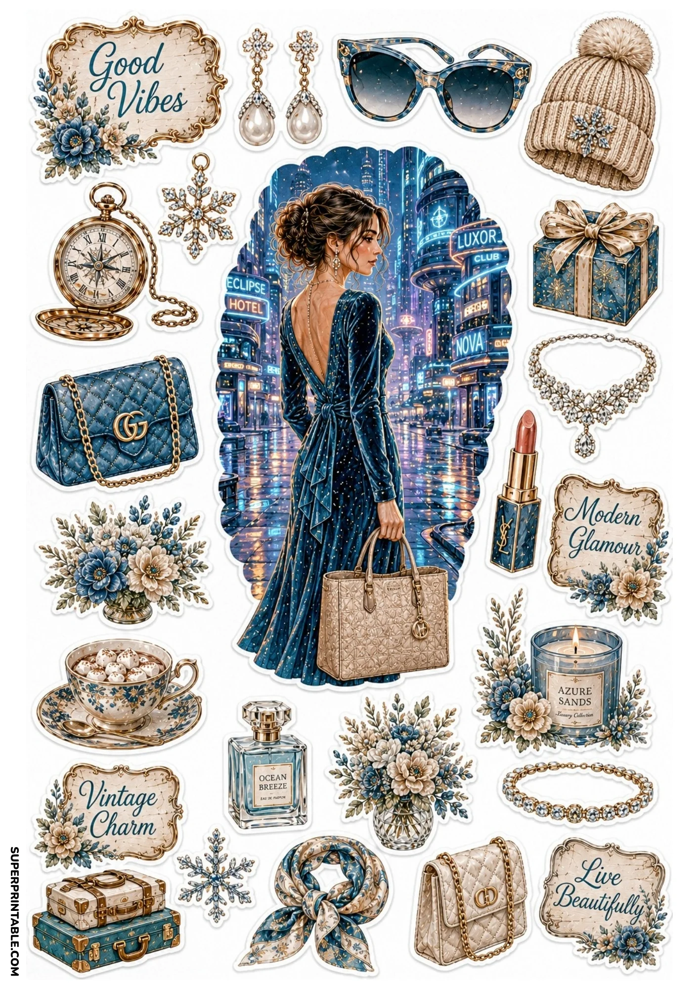 Printable sticker sheet centered on a woman in a sparkling royal blue gown in a neon city, framed by blue gift boxes, sapphire accessories, stacked suitcases, and decorative signs.