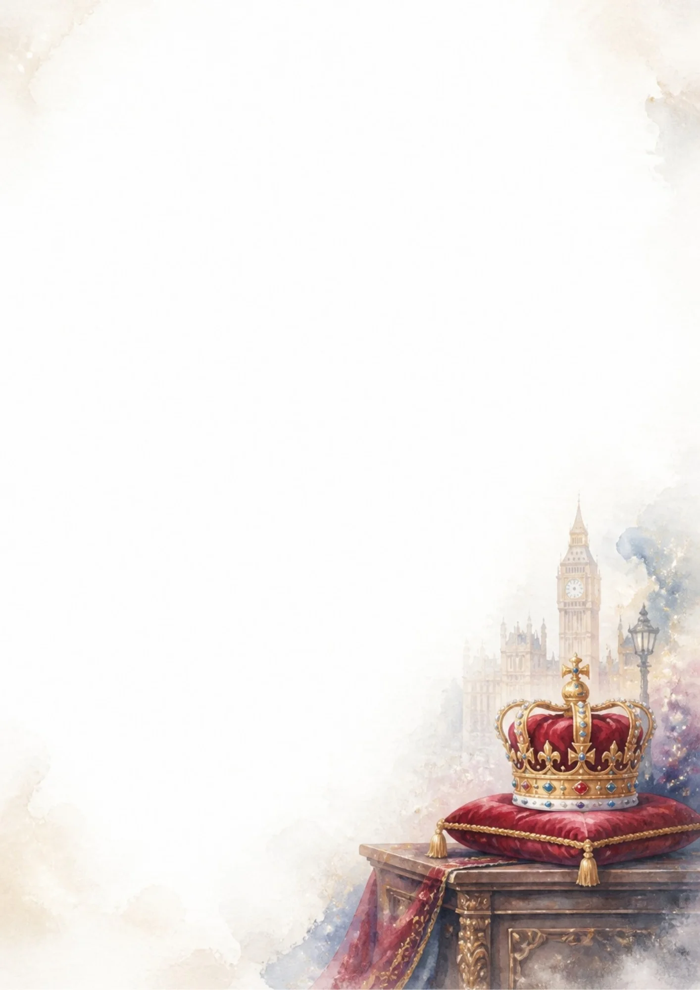 A watercolor painting of a golden British royal crown decorated with jewels sitting on a plush red velvet cushion on a carved wooden table, with Big Ben in the misty background.
