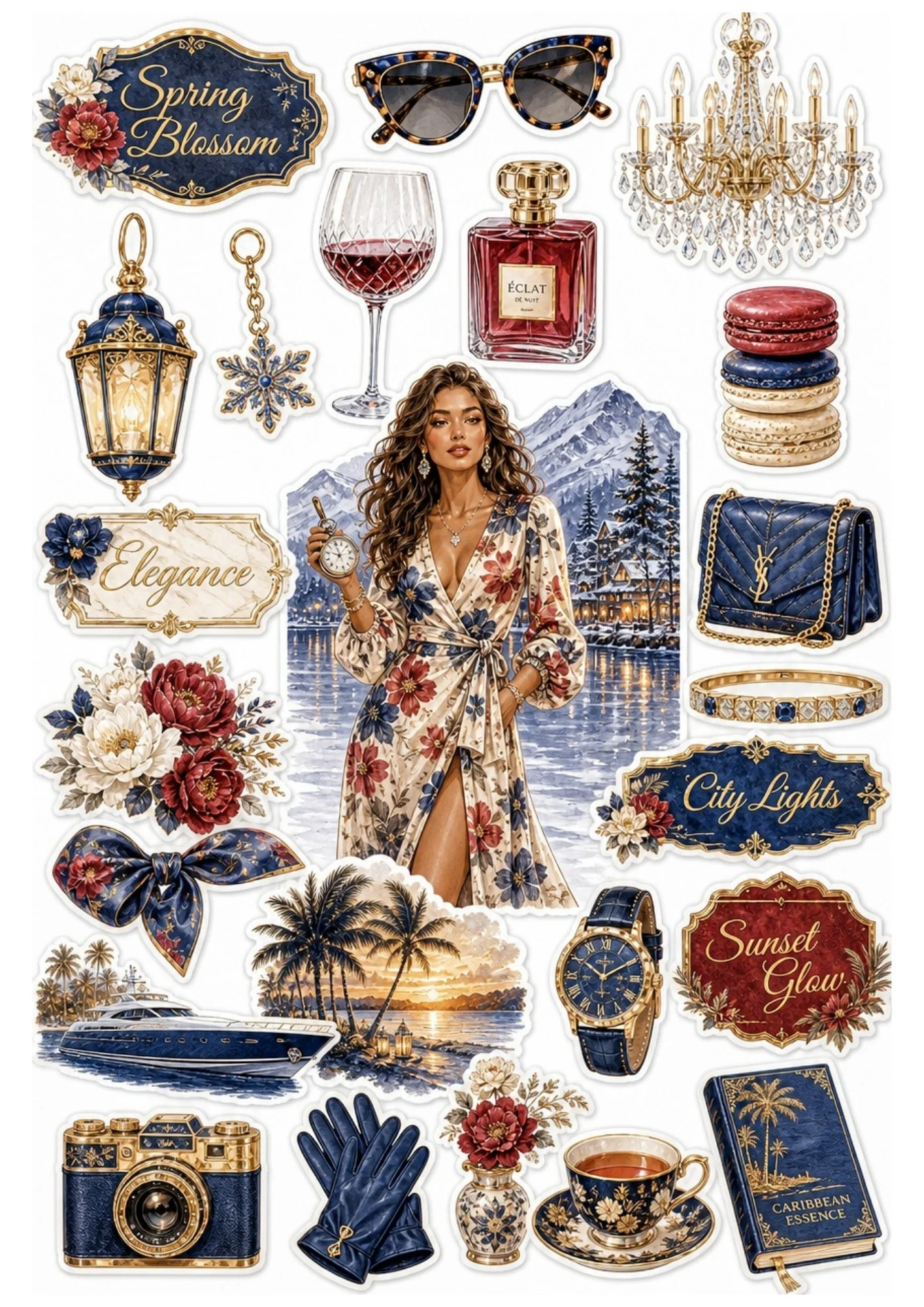 Printable sticker sheet highlighting a woman in a floral dress, with royal blue accessories such as a navy handbag, leather journal, camera, teacup, yacht landscape, and macarons.