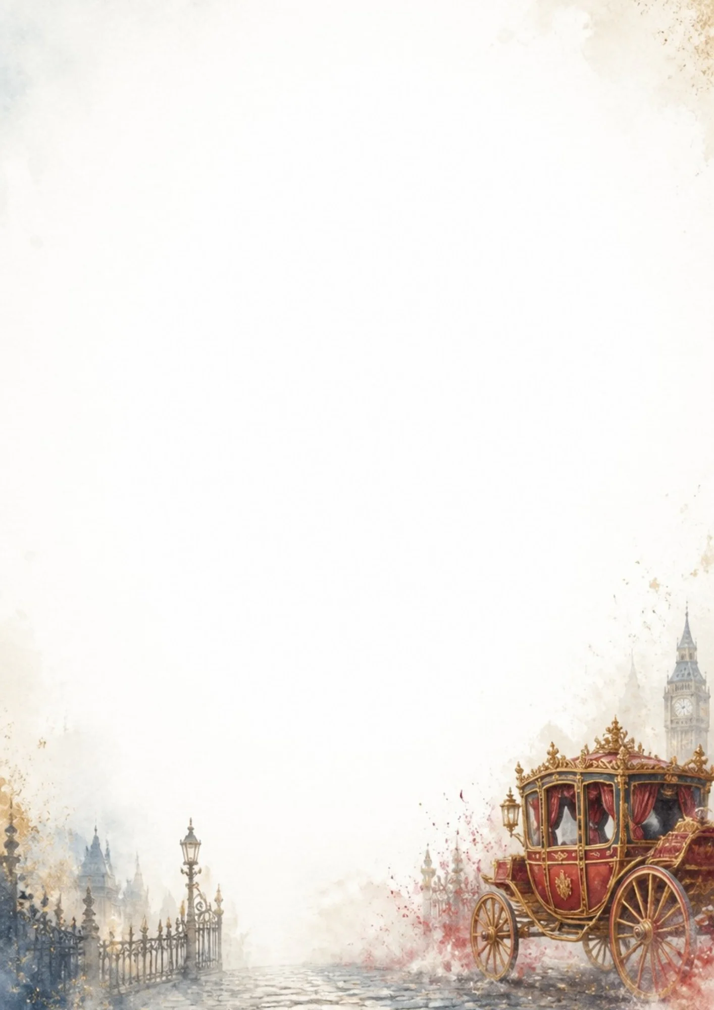 A watercolor painting of a red and gold royal state carriage on a cobblestone road, with a decorative fence, a Westminster bridge lamppost, and Big Ben in the background.
