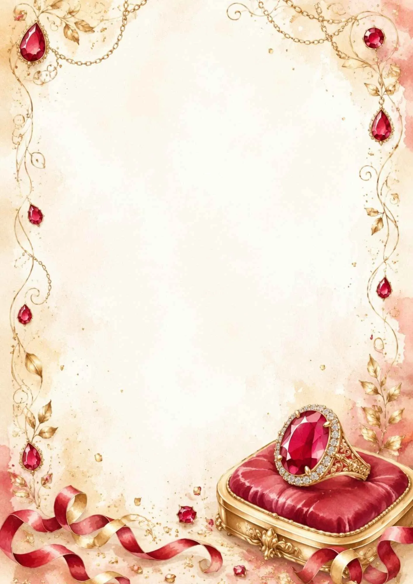 A watercolor writing page displaying a gold ring with a large oval ruby in a diamond halo, sitting on a red velvet cushion in a gold box.