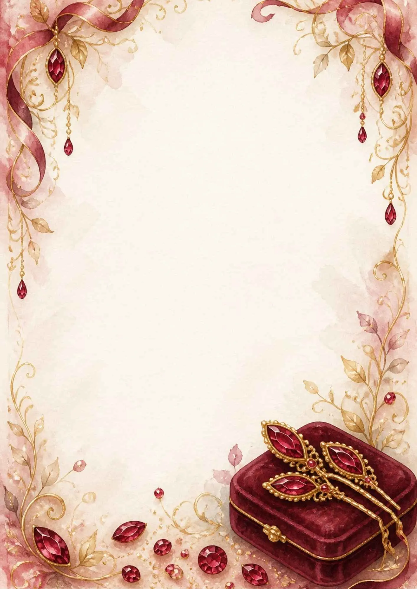 A warm pink writing page featuring a gold diadem set with bright red rubies on a red velvet pillow.