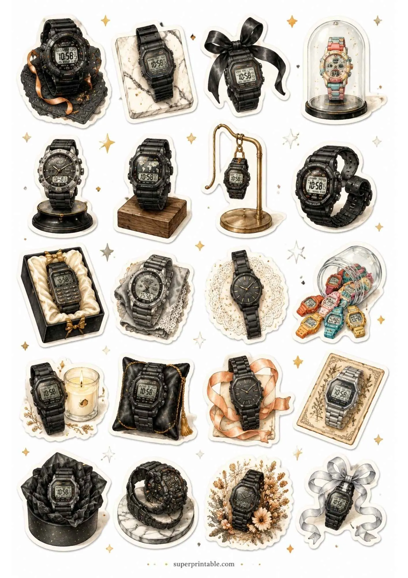 A printable sticker sheet showing rugged black tactical digital watches, metal digital styles, and miniature colorful digital watches.
