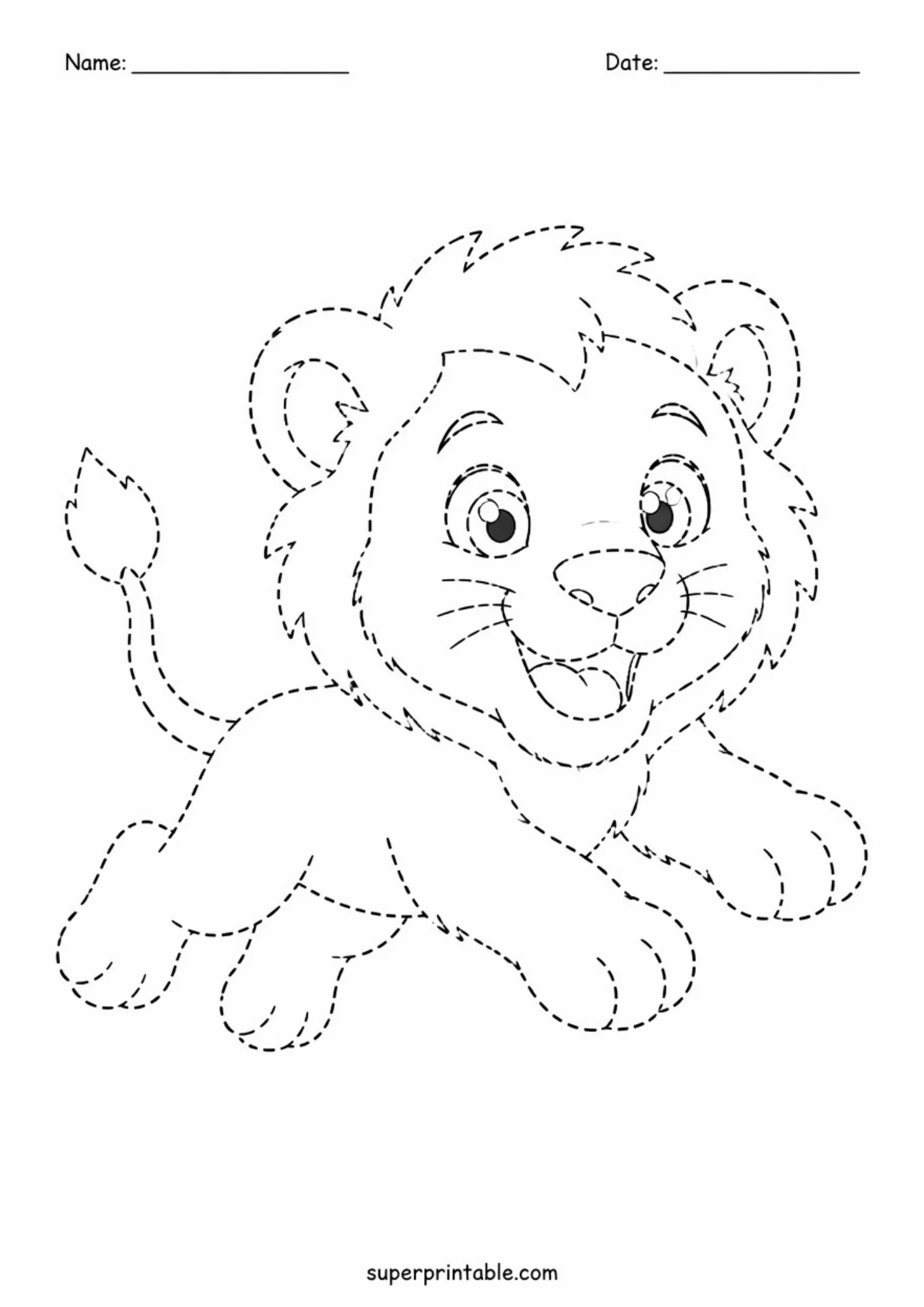 Dotted line art activity worksheet depicting an excited lion cub leaping forward with open paws, open mouth, and raised tail.