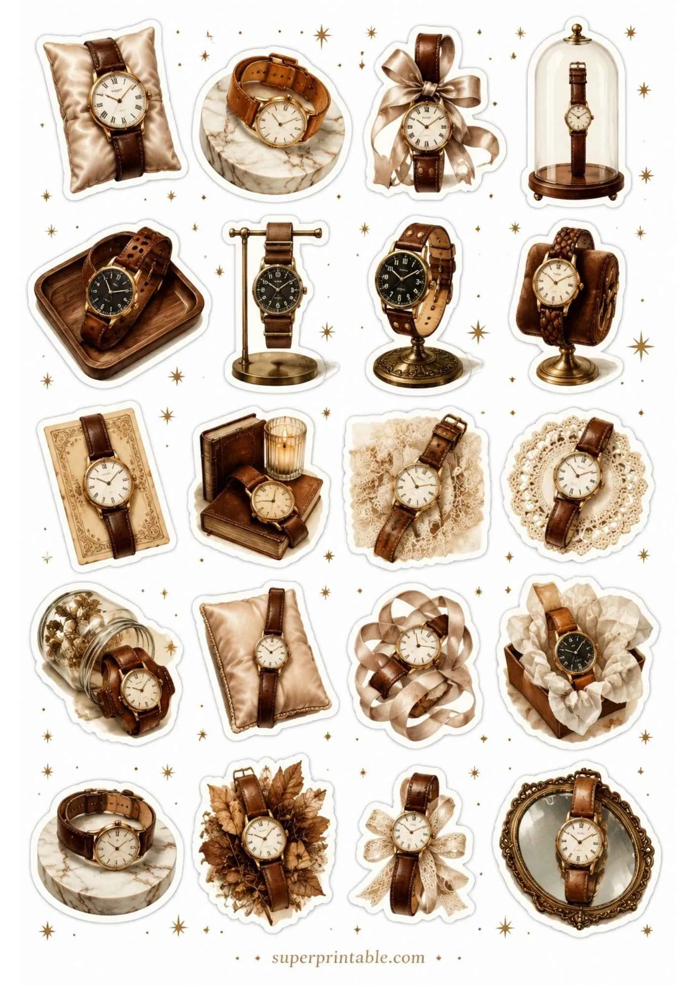 A printable sticker sheet showing brown leather strap watches, old books, candles, and fallen autumn leaves.