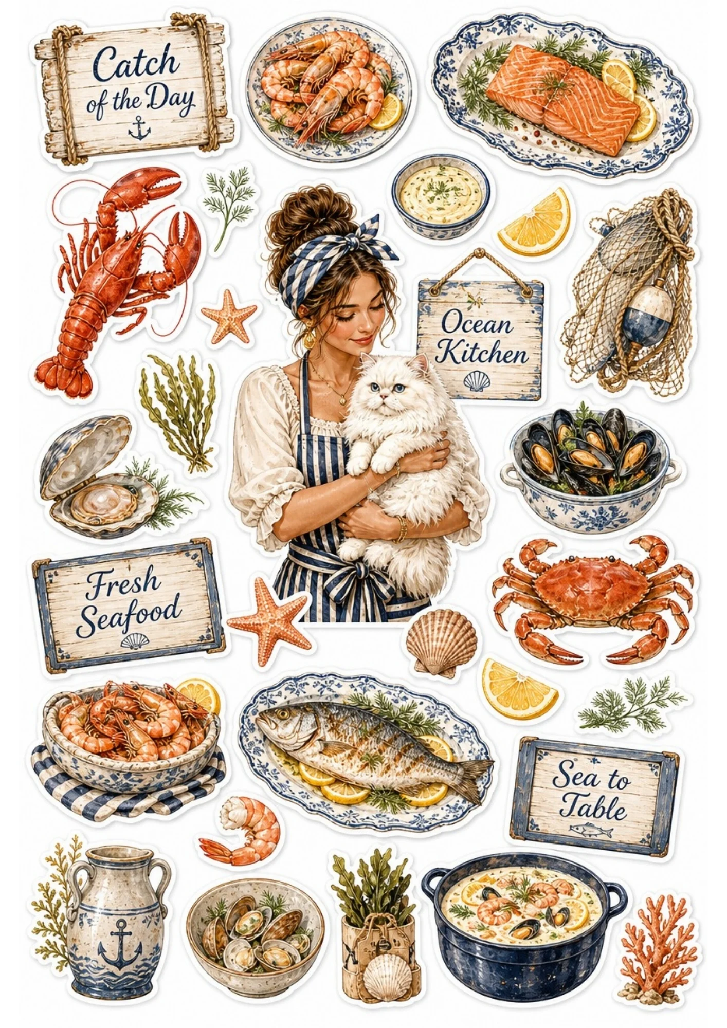 A girl in a cozy kitchen kneading dough with her white cat. Surrounding stickers include wooden spoons, flour sacks, fresh bread, and text saying 'Farmhouse Bakery' and 'Fresh Baked'.