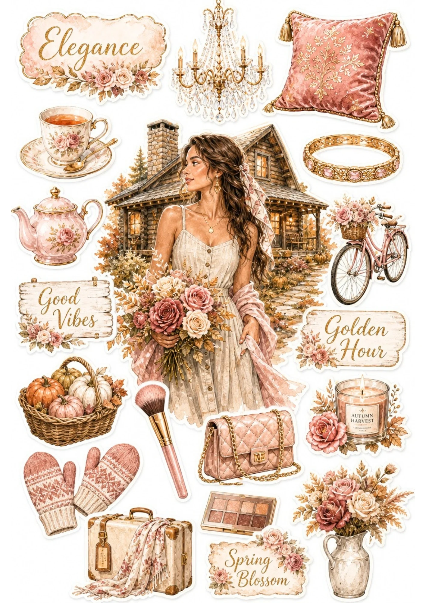 A printable fall sticker sheet featuring a woman holding a pink rose bouquet by a wooden cabin, surrounded by pink bicycles, crystal chandeliers, makeup, and pumpkins.