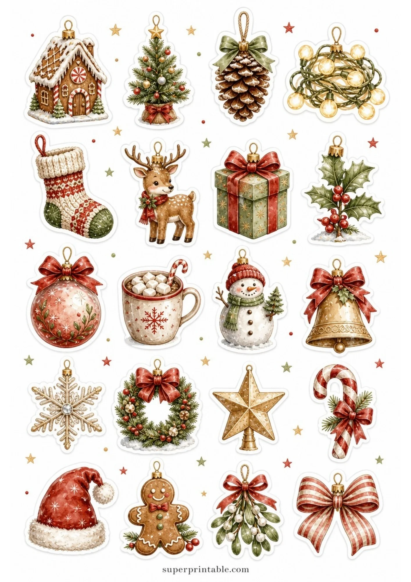 A printable collection of twenty cozy rustic Christmas stickers in sage green and warm red, including cocoa mugs, deer fawns, bells, and mistletoe.