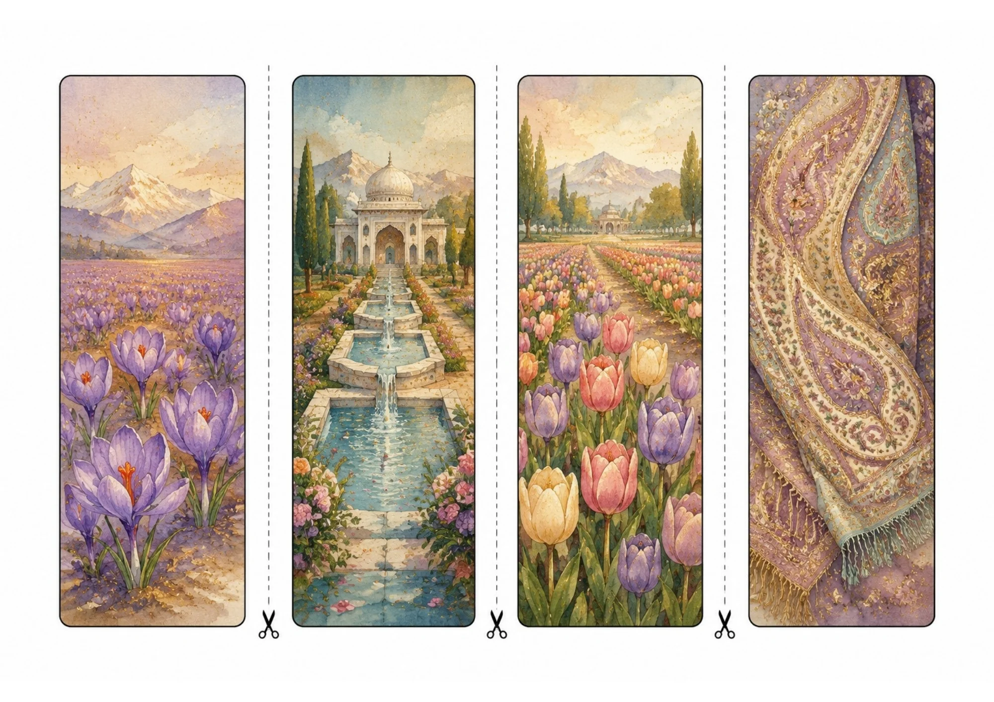 Printable sheet of four vertical watercolor bookmarks displaying purple saffron crocus blossoms, a Mughal garden terrace fountain, colorful tulips in Srinagar, and a detailed lavender Pashmina shawl.