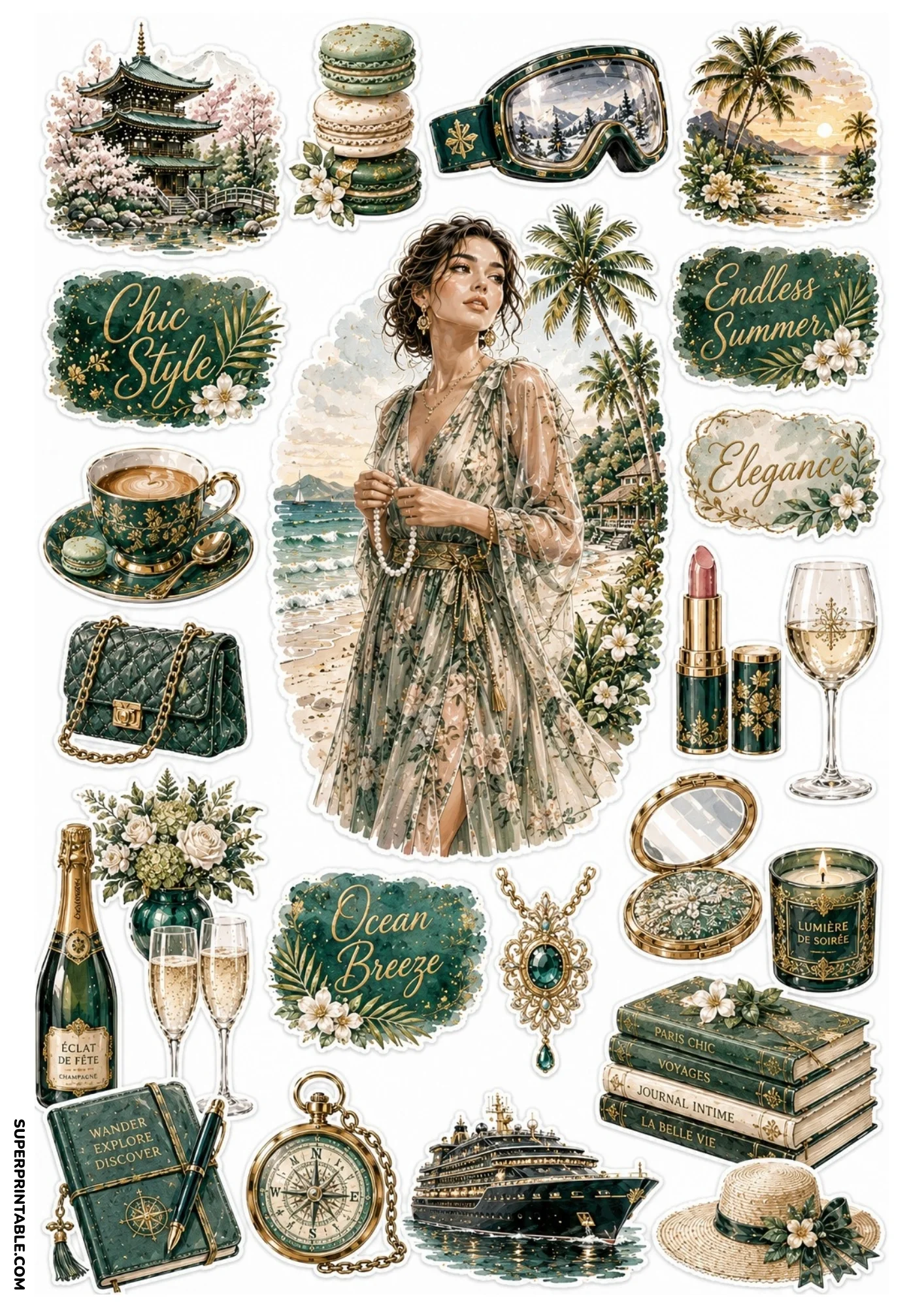 Sage green sticker sheet with a Japanese pagoda, macarons stack, cruise ship, green teacup, champagne bottle, and travel journal.