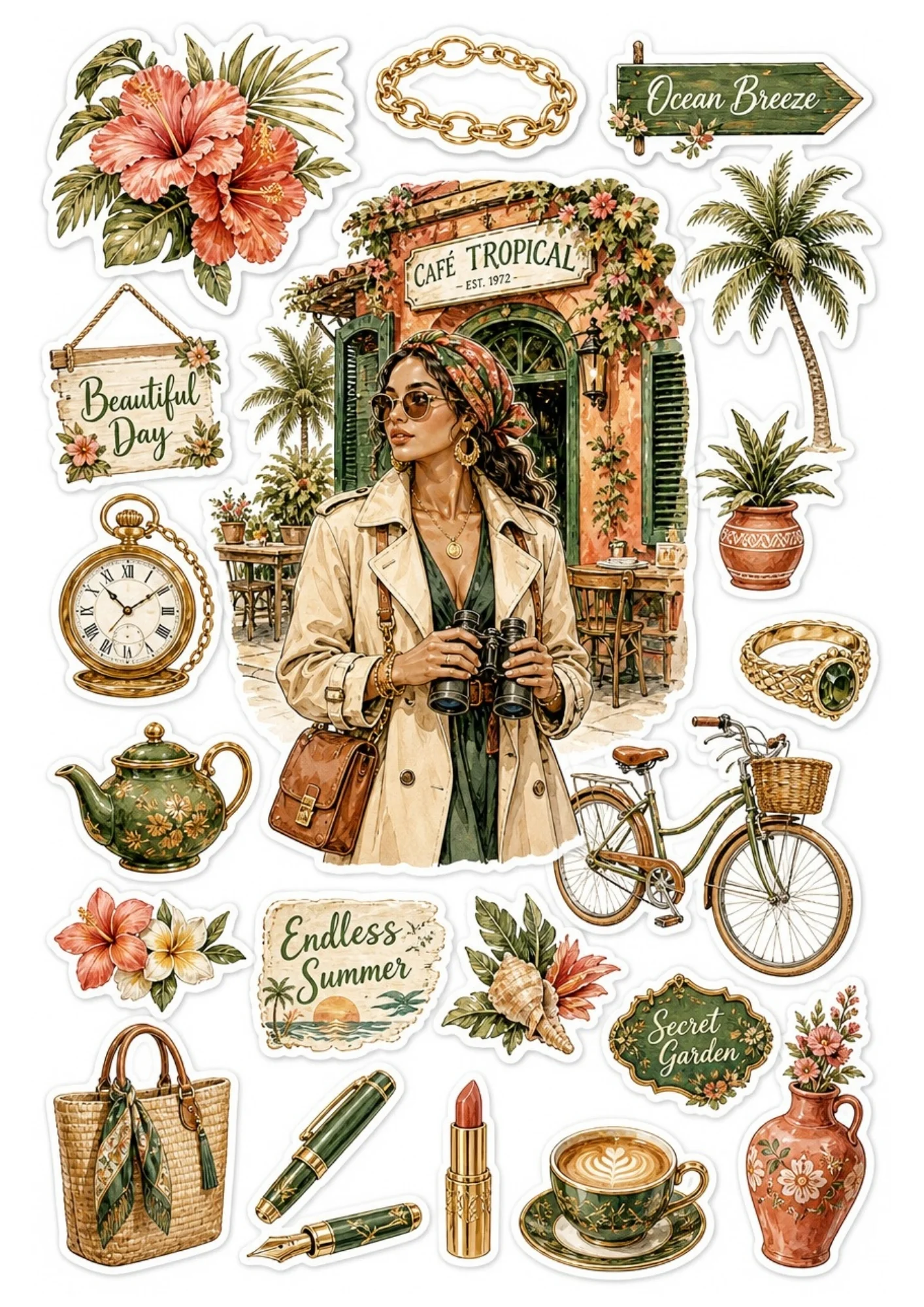 Printable sticker sheet showcasing a woman in a trench coat with binoculars before a tropical cafe, surrounded by green accessories like a bicycle, ceramic teapot, fountain pen, and potted plants.