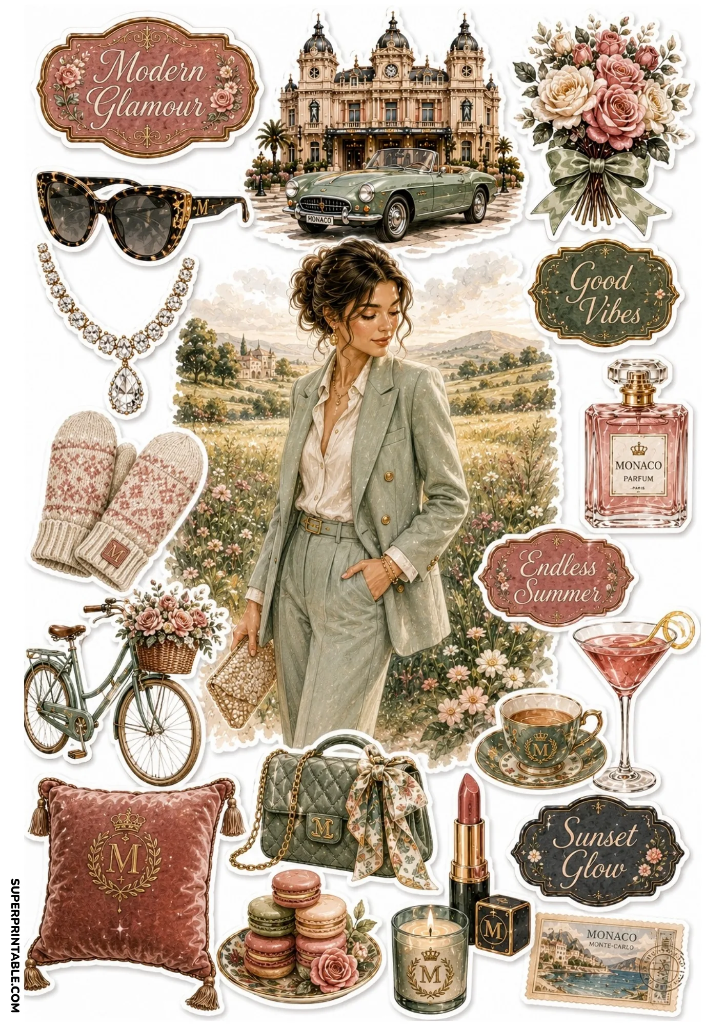 Printable sticker sheet illustrating a woman in a sage green pantsuit, Monte Carlo Casino, macarons, and cosmetics.