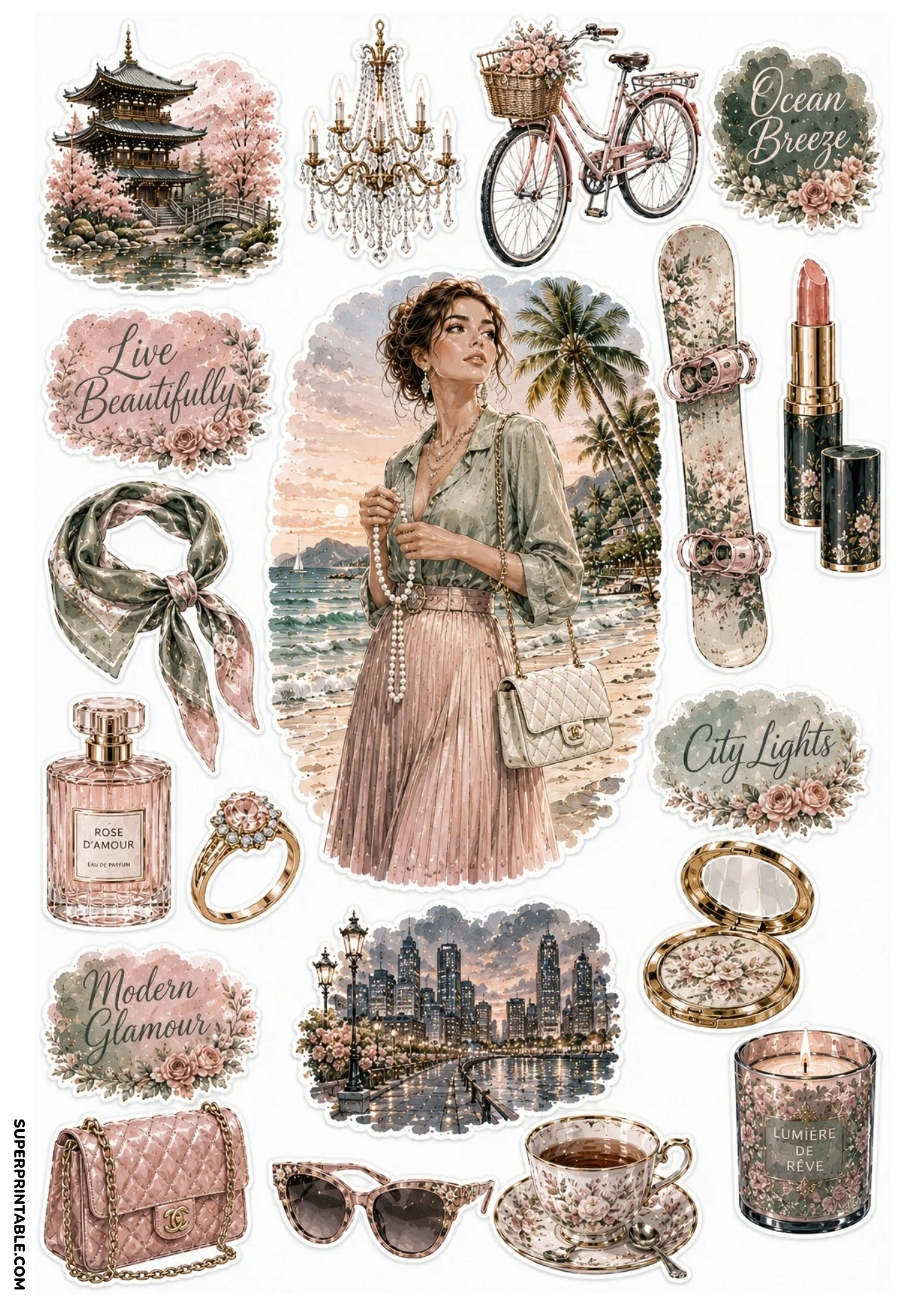Sage and pink sticker sheet displaying a Japanese pagoda, vintage pink bicycle, city skyline at night, quilted handbag, and compact mirror.
