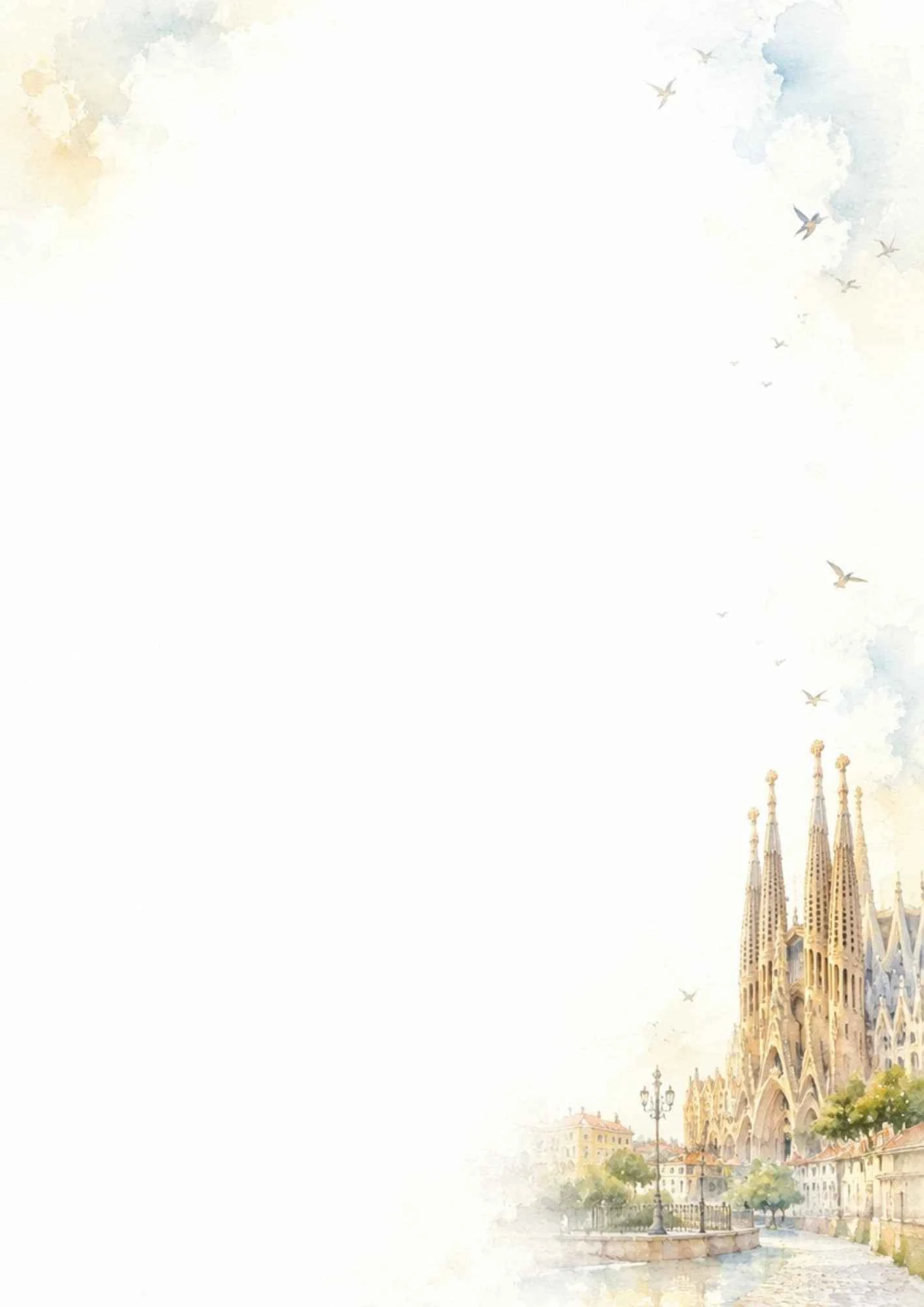 A watercolor painting of the Sagrada Familia basilica towers in the bottom right corner with birds flying in a cloudy sky.