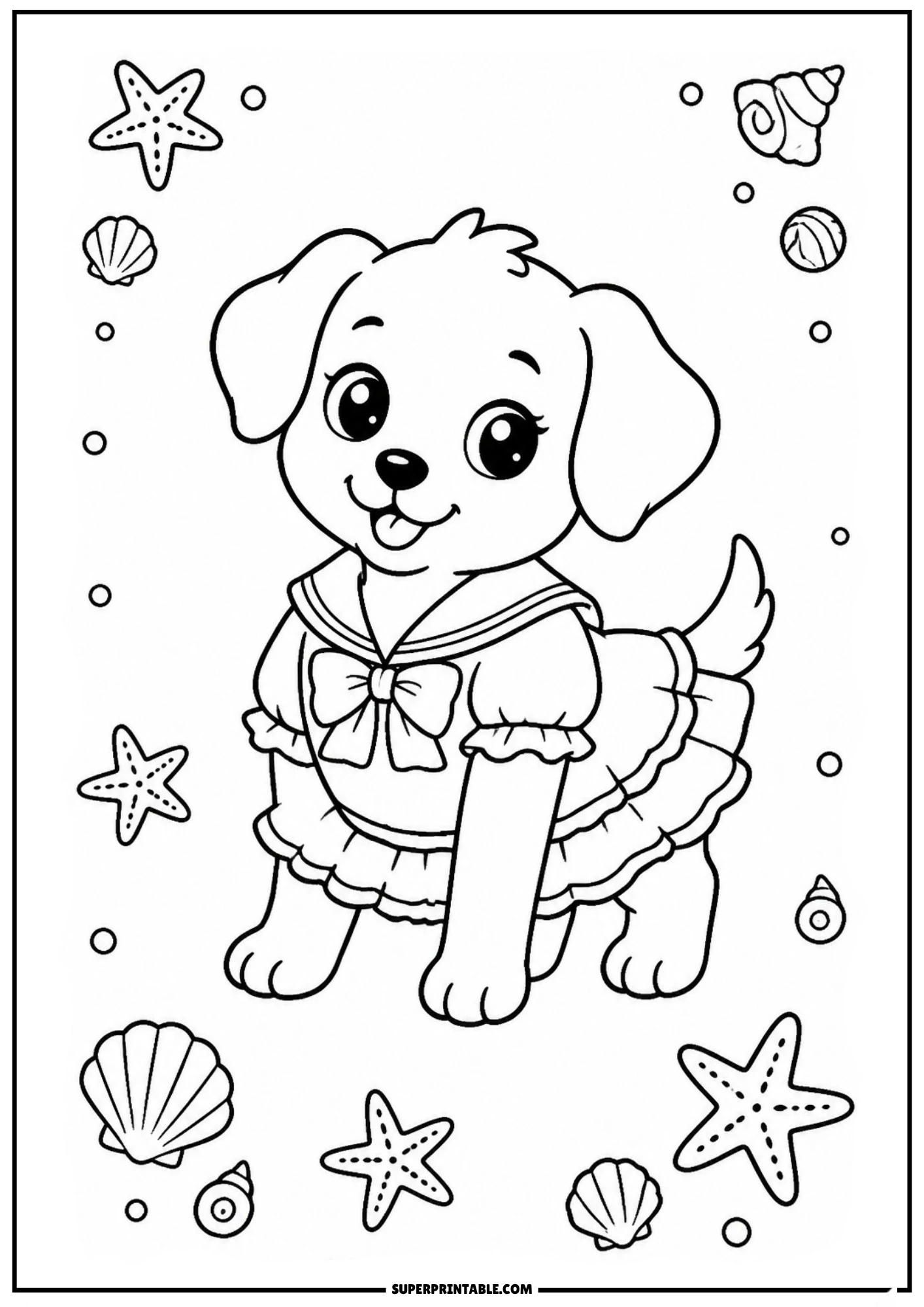 A coloring page showing a cute puppy in a sailor dress with a bow collar, surrounded by starfish, seashells, and sea bubbles.