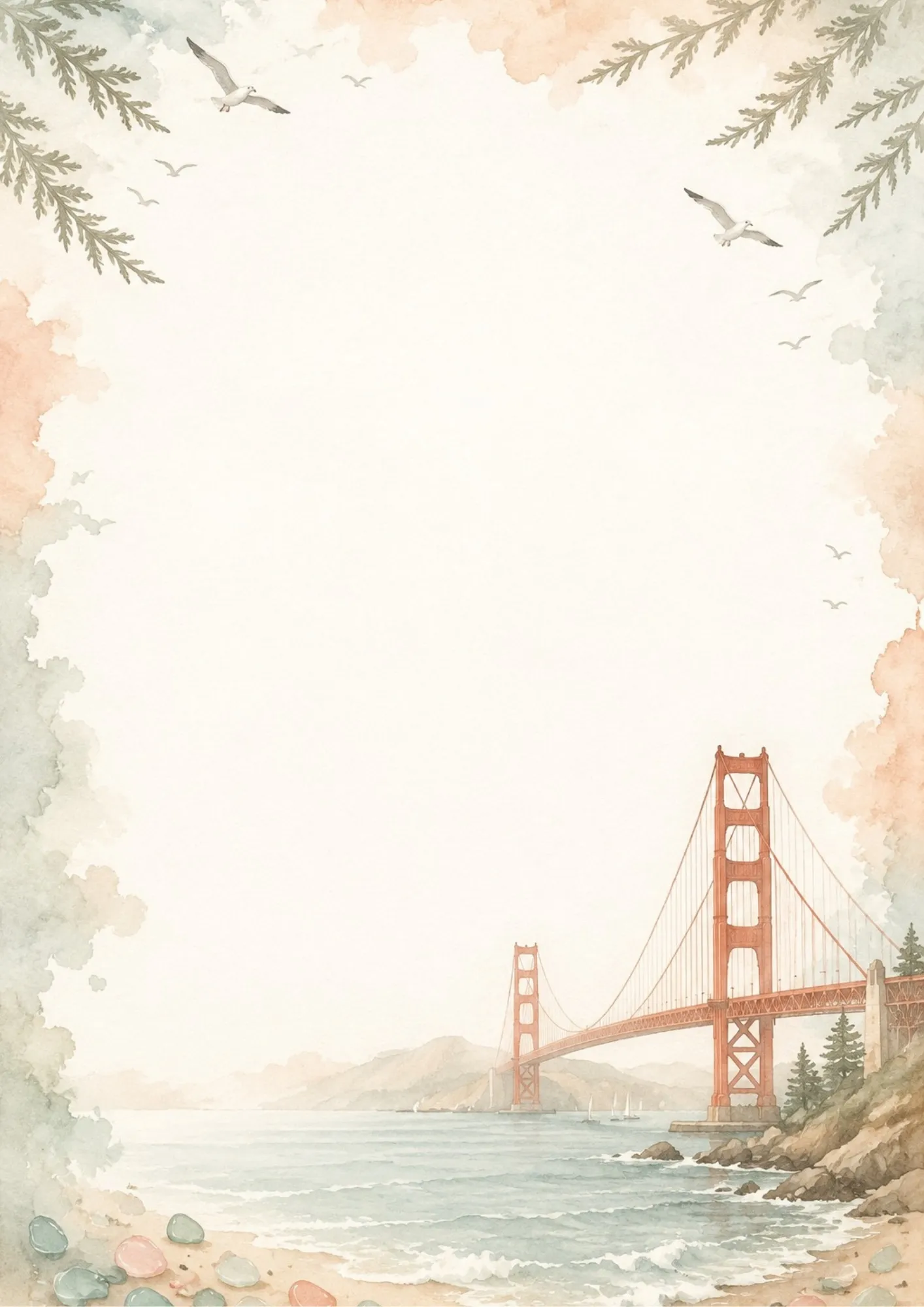 A watercolor writing page showing a classic cable car climbing a steep San Francisco street with bay view.