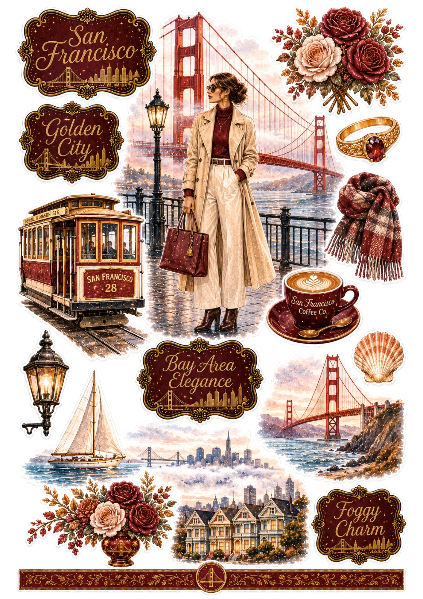 San Francisco sticker sheet featuring a woman in a trench coat at Golden Gate Bridge, cable car, and Painted Ladies houses.