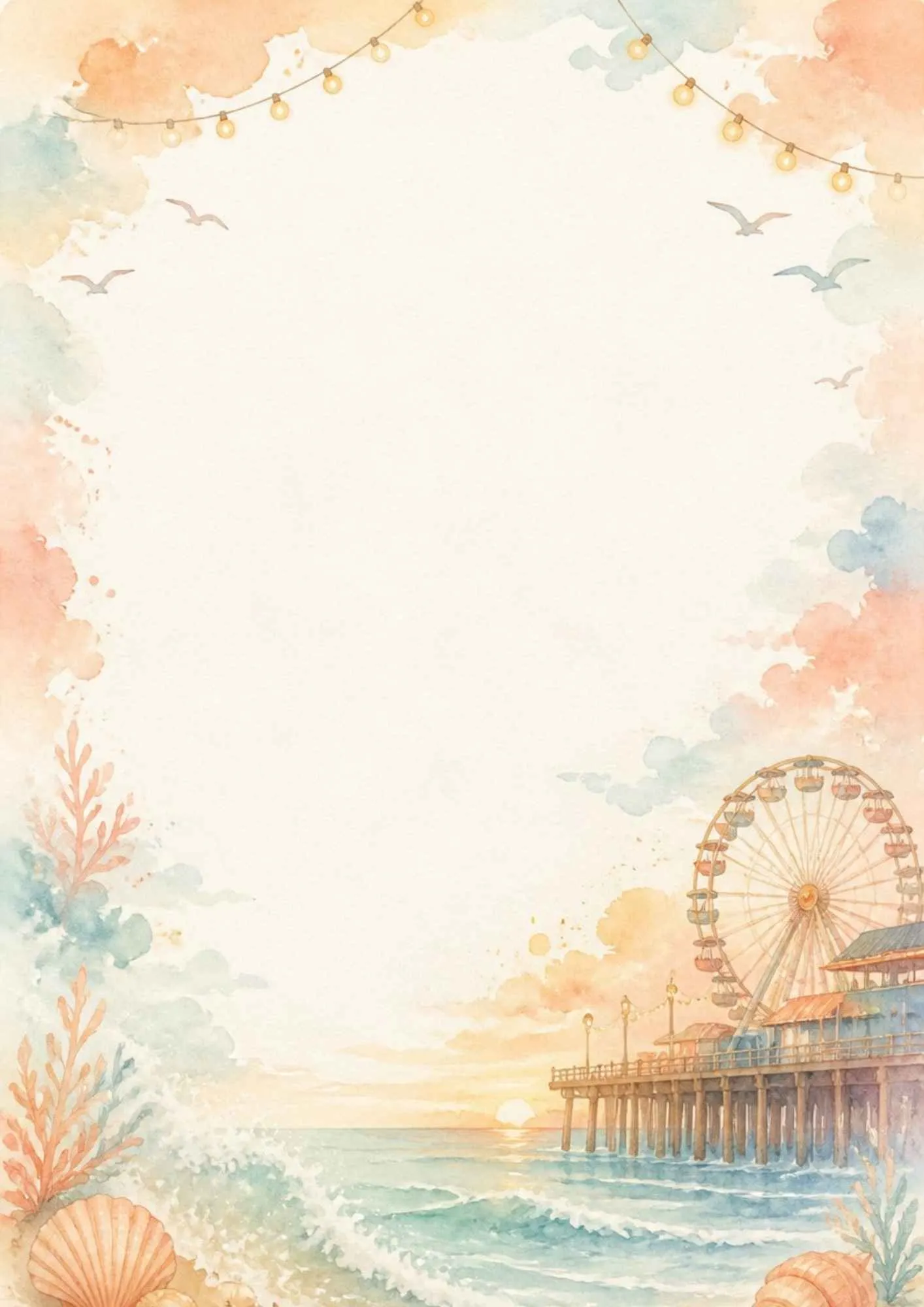 A watercolor writing page featuring the iconic Ferris wheel on the Santa Monica Pier at sunset with palm trees.