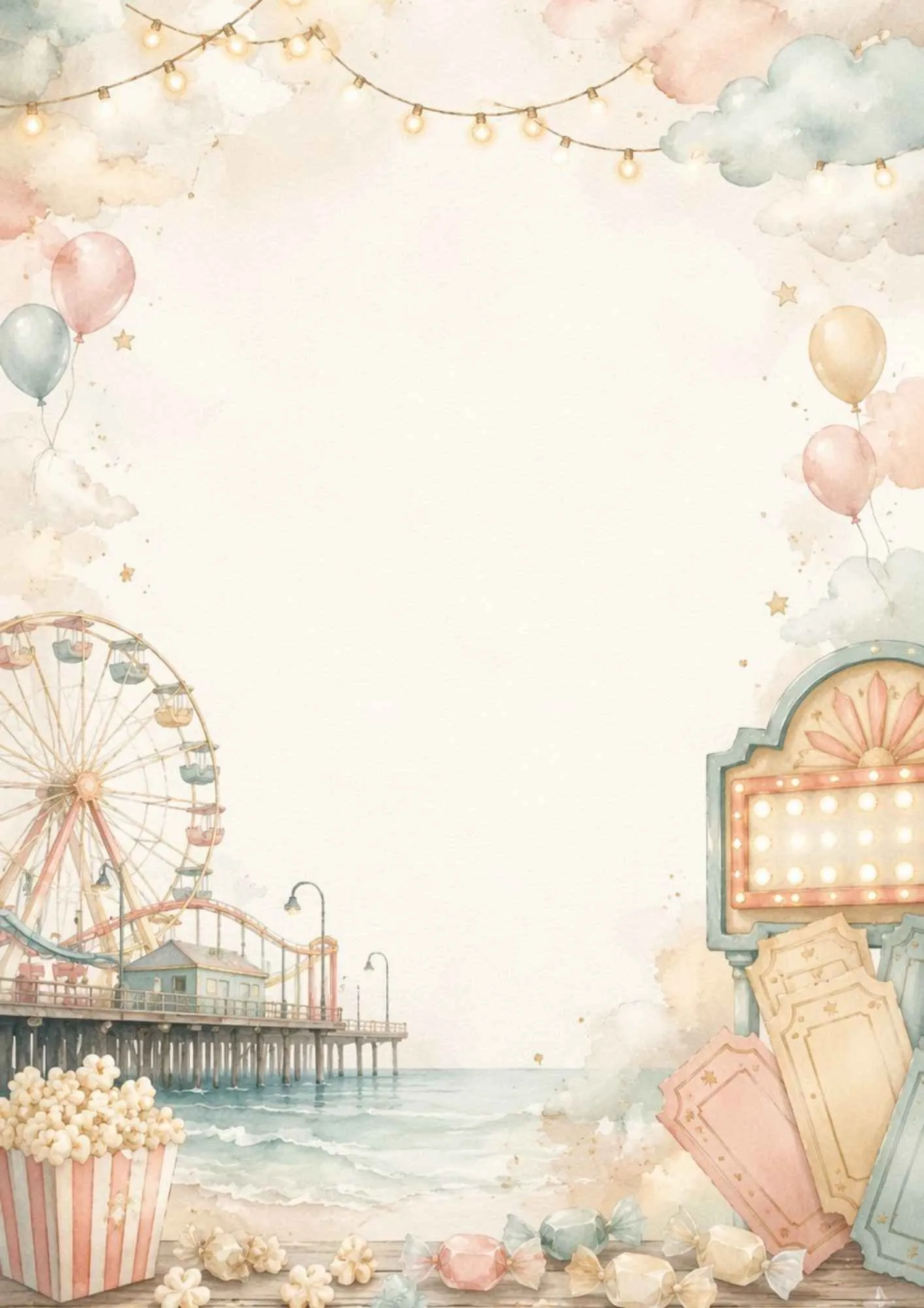 A retro writing page showing the blue and gold neon entrance sign of the Santa Monica Pier in watercolor.