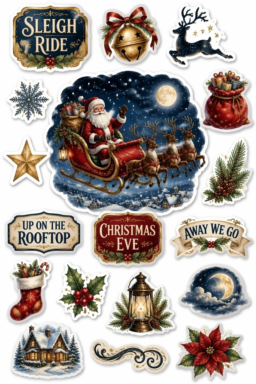 Santa Claus in a reindeer-drawn sleigh flying over a snowy village under a full moon, with surrounding stickers of lanterns, stockings, stars, and winter house.