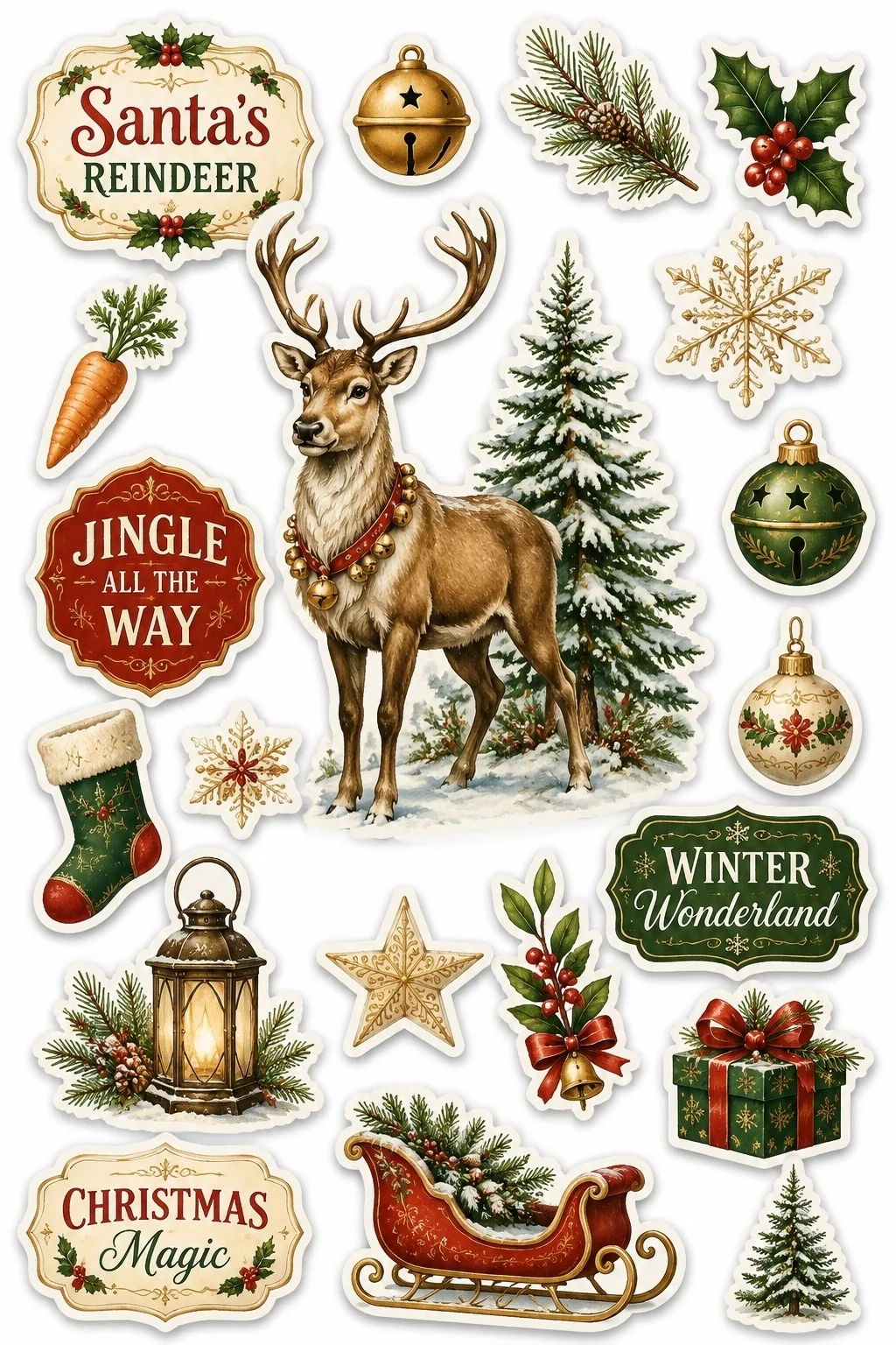 Majestic reindeer with jingle bell collar standing in snow beside a pine tree, surrounded by sleigh, lantern, green stocking, star, and winter woodland signs.