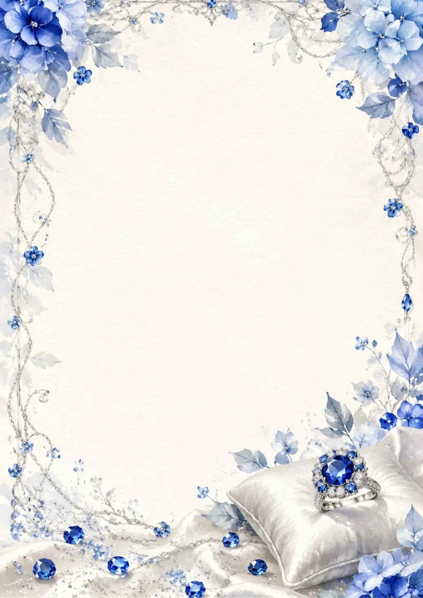 A watercolor writing page showing a silver ring with a large blue sapphire surrounded by diamonds, resting on a white satin cushion with blue hydrangeas.