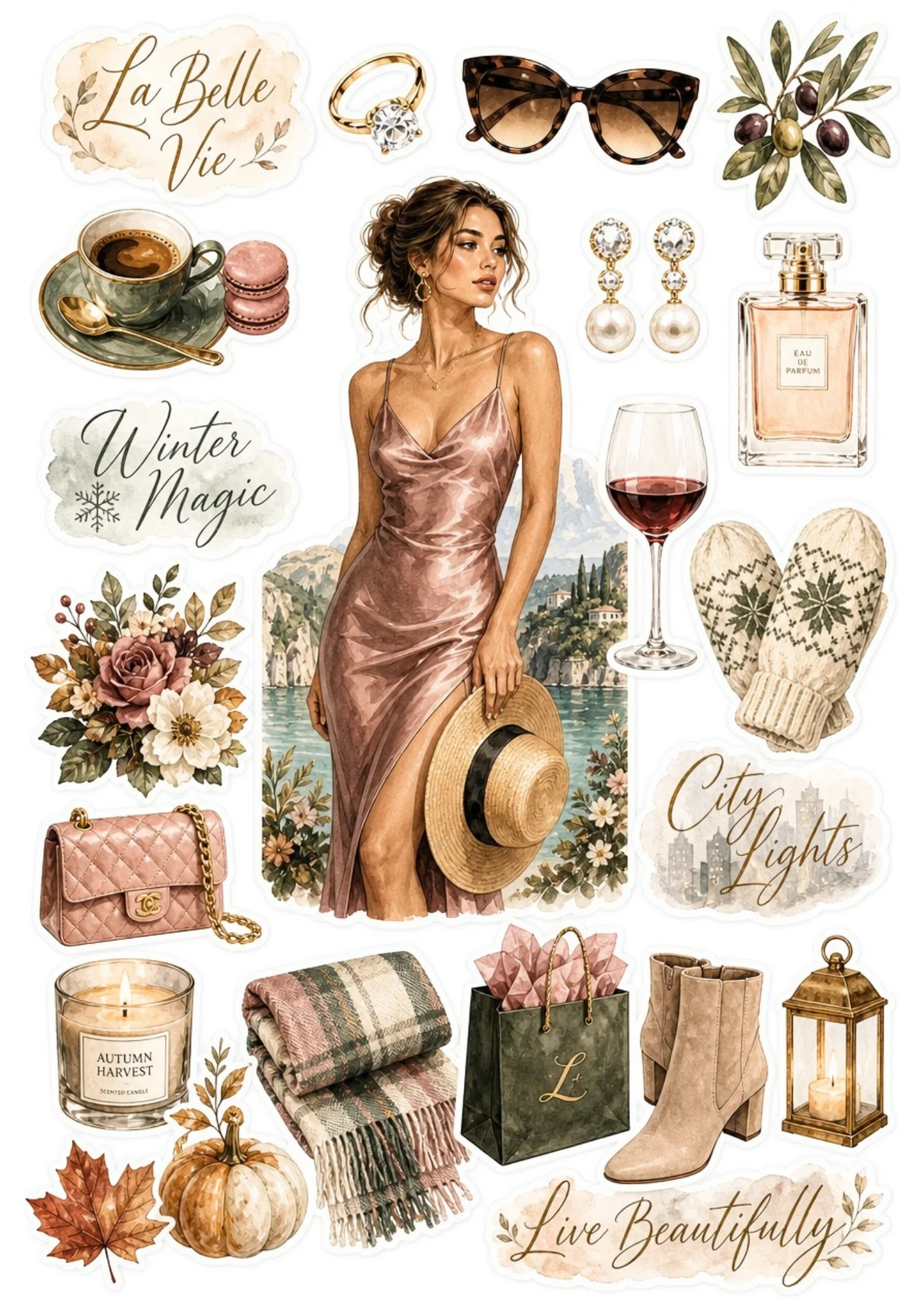 A printable aesthetic sticker sheet showing a woman in a satin slip dress by a mountain lake, with coffee, olive branches, perfume, wine, and warm plaid scarves.
