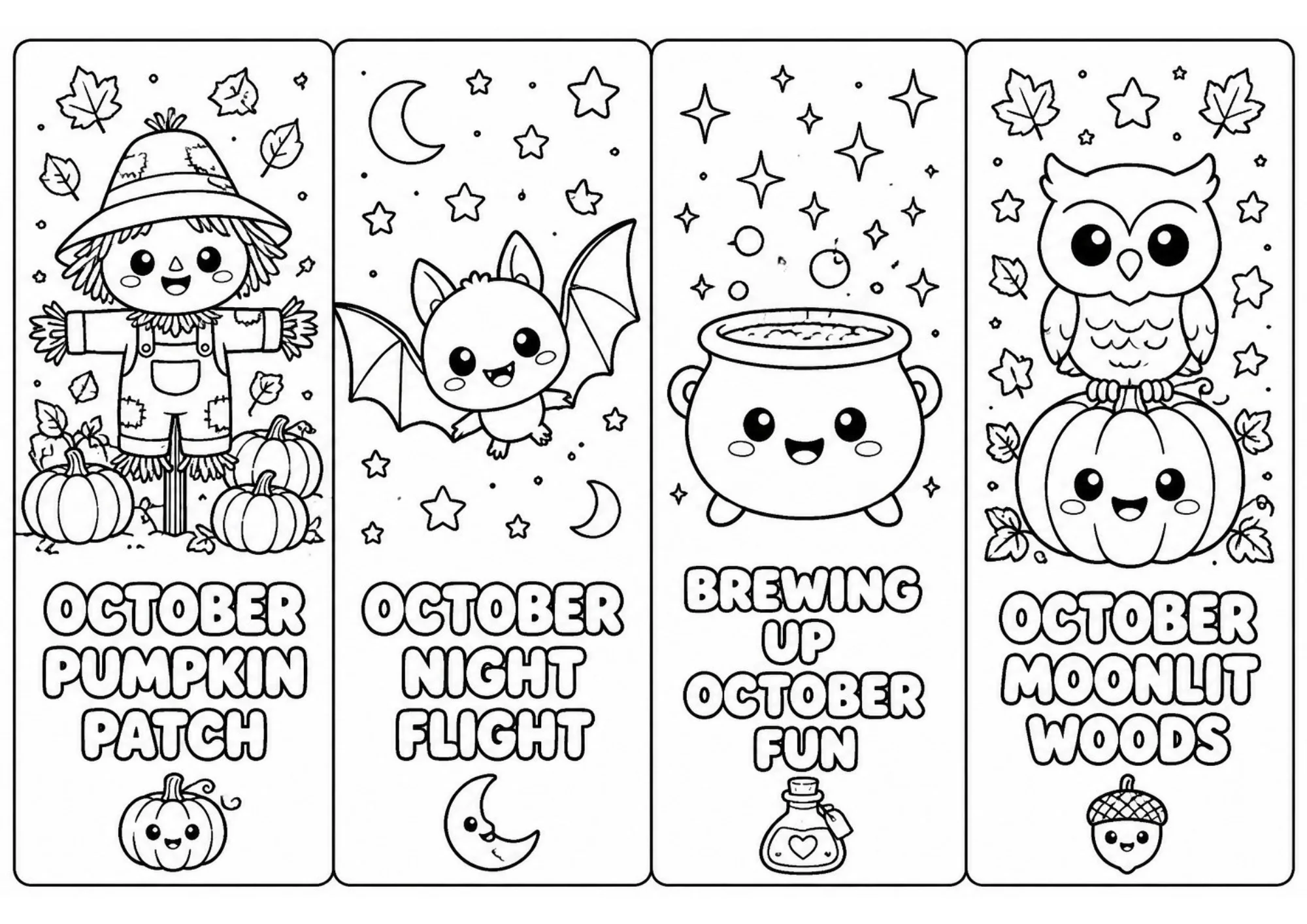 Four black and white coloring bookmarks featuring a cute scarecrow in a pumpkin patch, a flying bat, a bubbling cauldron, and an owl perched on a pumpkin.