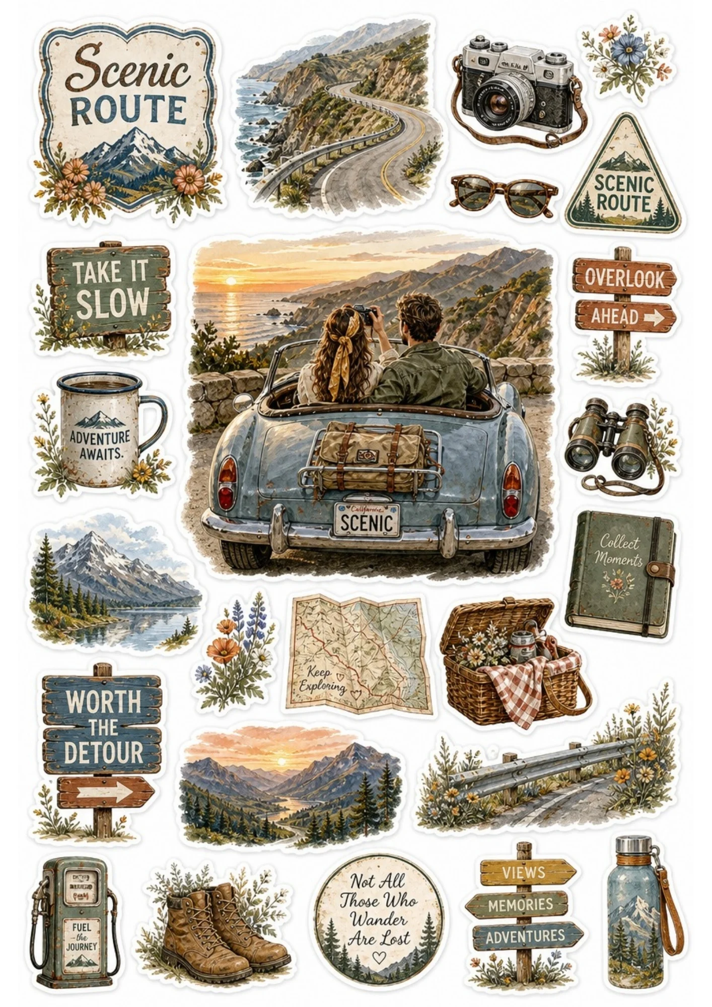 A couple driving a vintage convertible car along a beautiful coastal highway at sunset. Surrounding stickers include picnic baskets, cameras, highway signs, and text saying 'Scenic Route' and 'Take It Slow'.