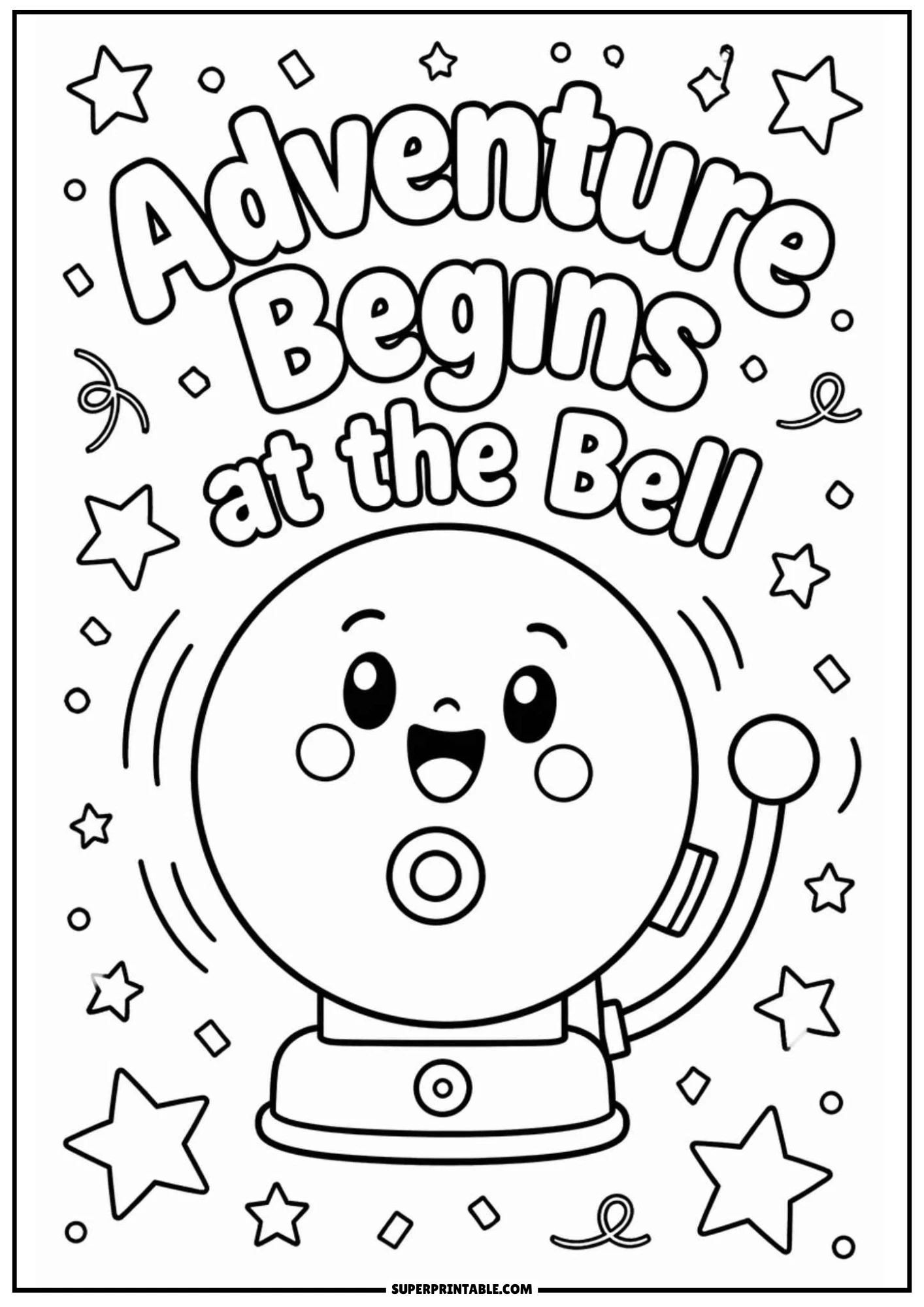 A cartoon school bell ringing with motion lines, surrounded by stars and streamers under the text Adventure Begins at the Bell.