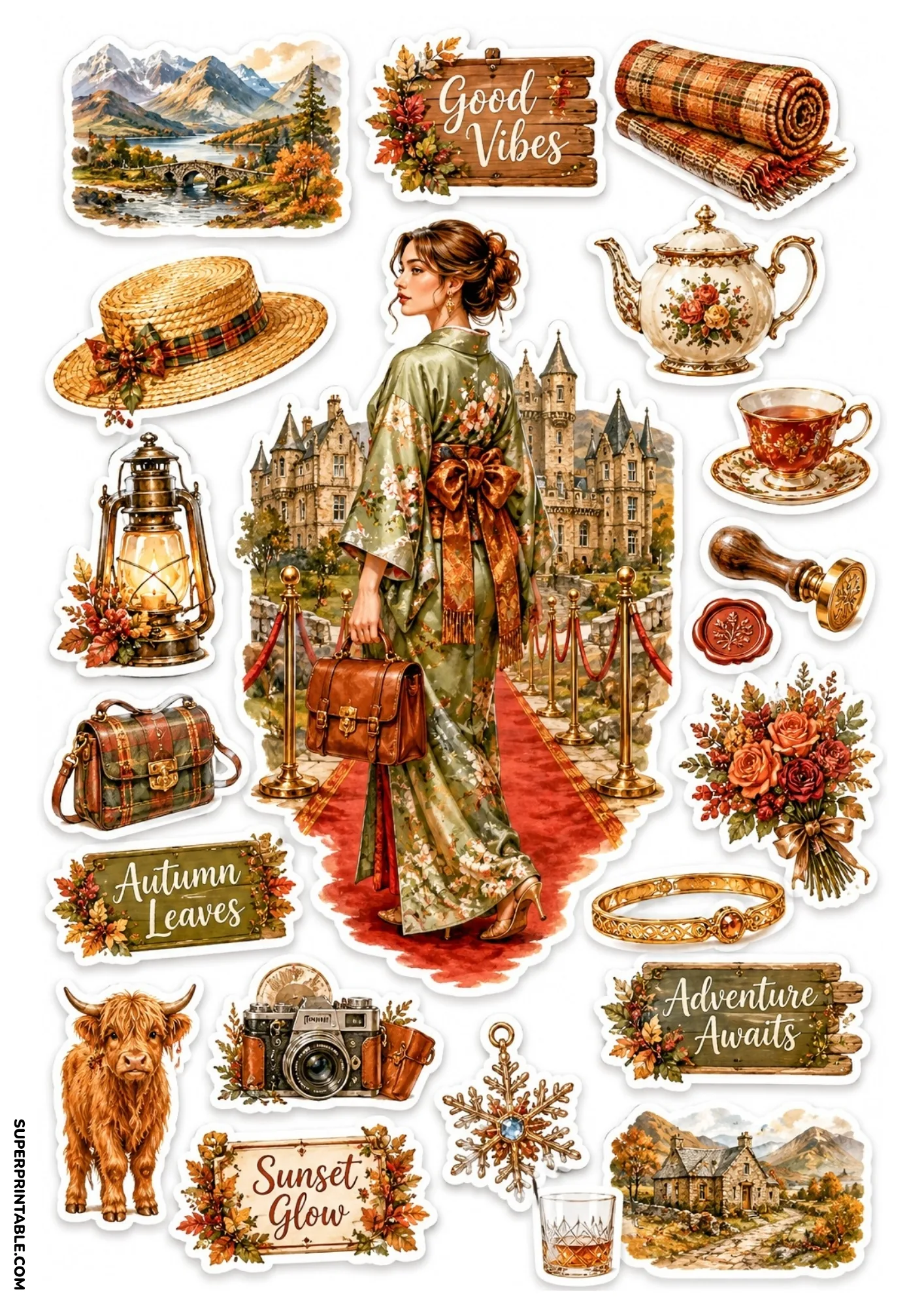 Scottish Highlands sticker sheet featuring a woman at a grand castle, Highland cow, autumn flowers, and vintage travel items.