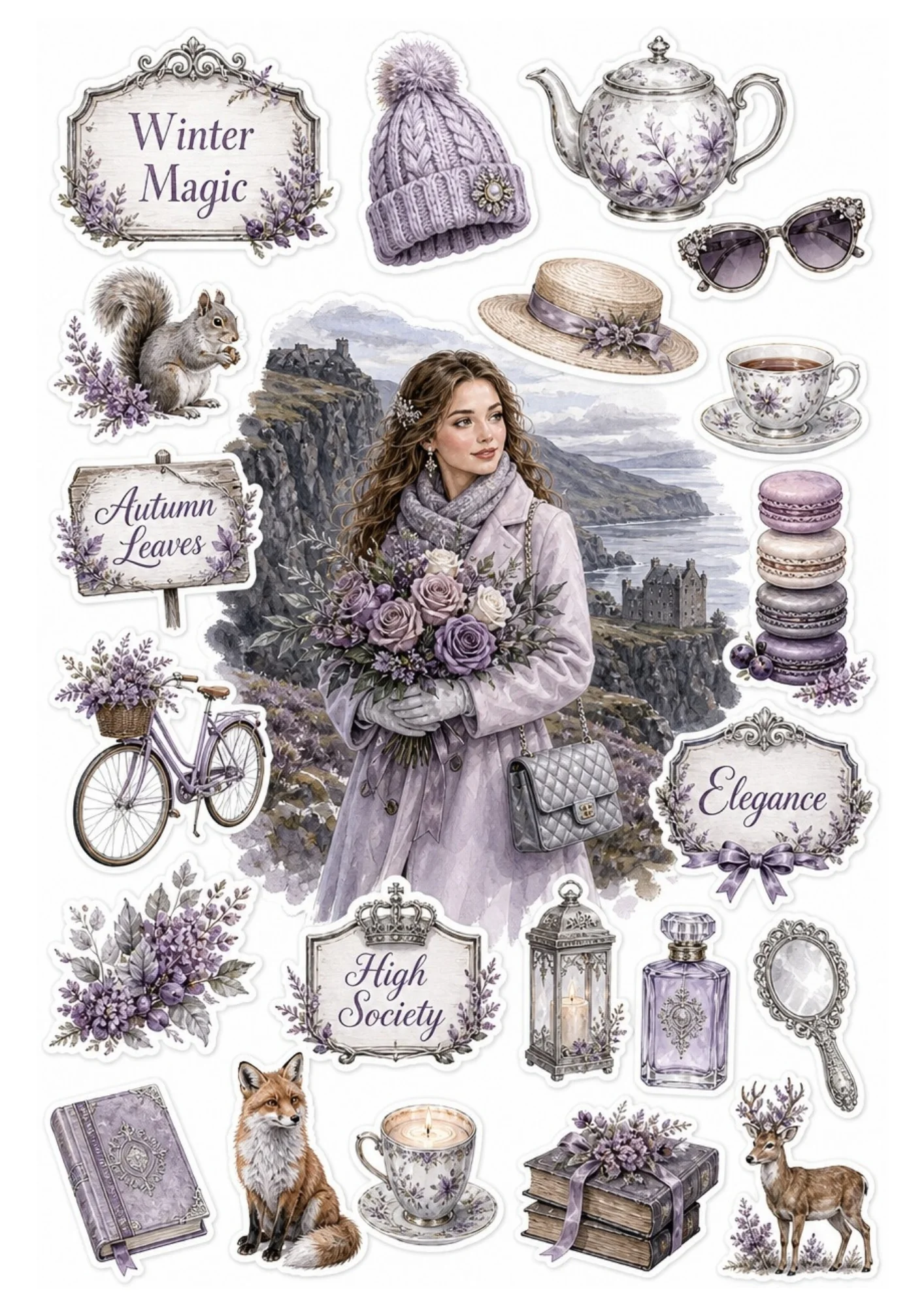 Sticker sheet depicting a woman with purple roses on coastal cliff rocks.