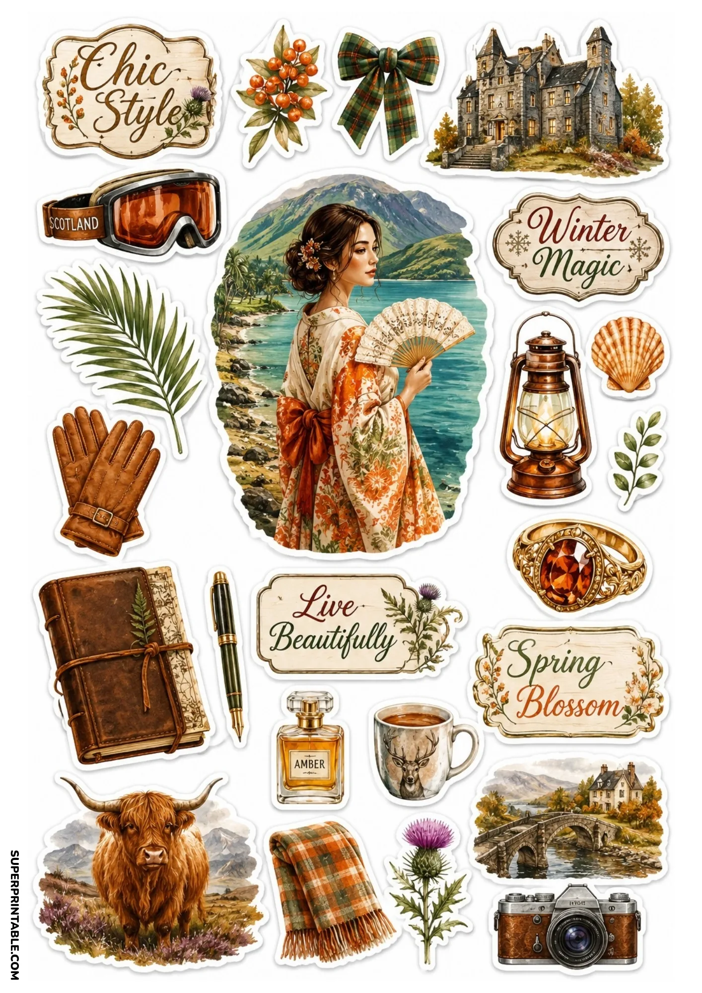 Printable sticker sheet featuring a woman in a kimono, a Highland cow, a stone castle, and vintage Scottish aesthetic badges on a white background.