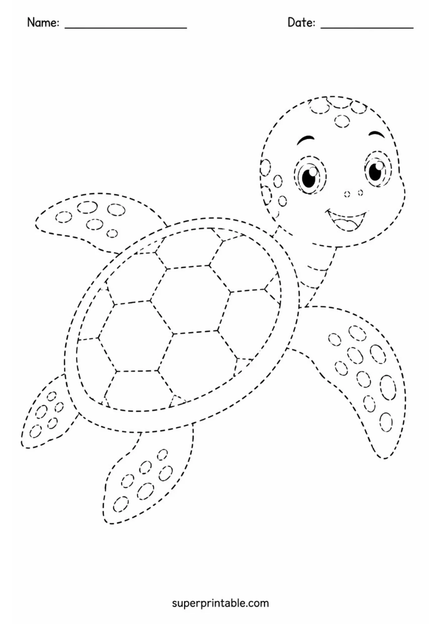 Sea turtle line tracing worksheet with patterned shell and spotted flippers on a white background.