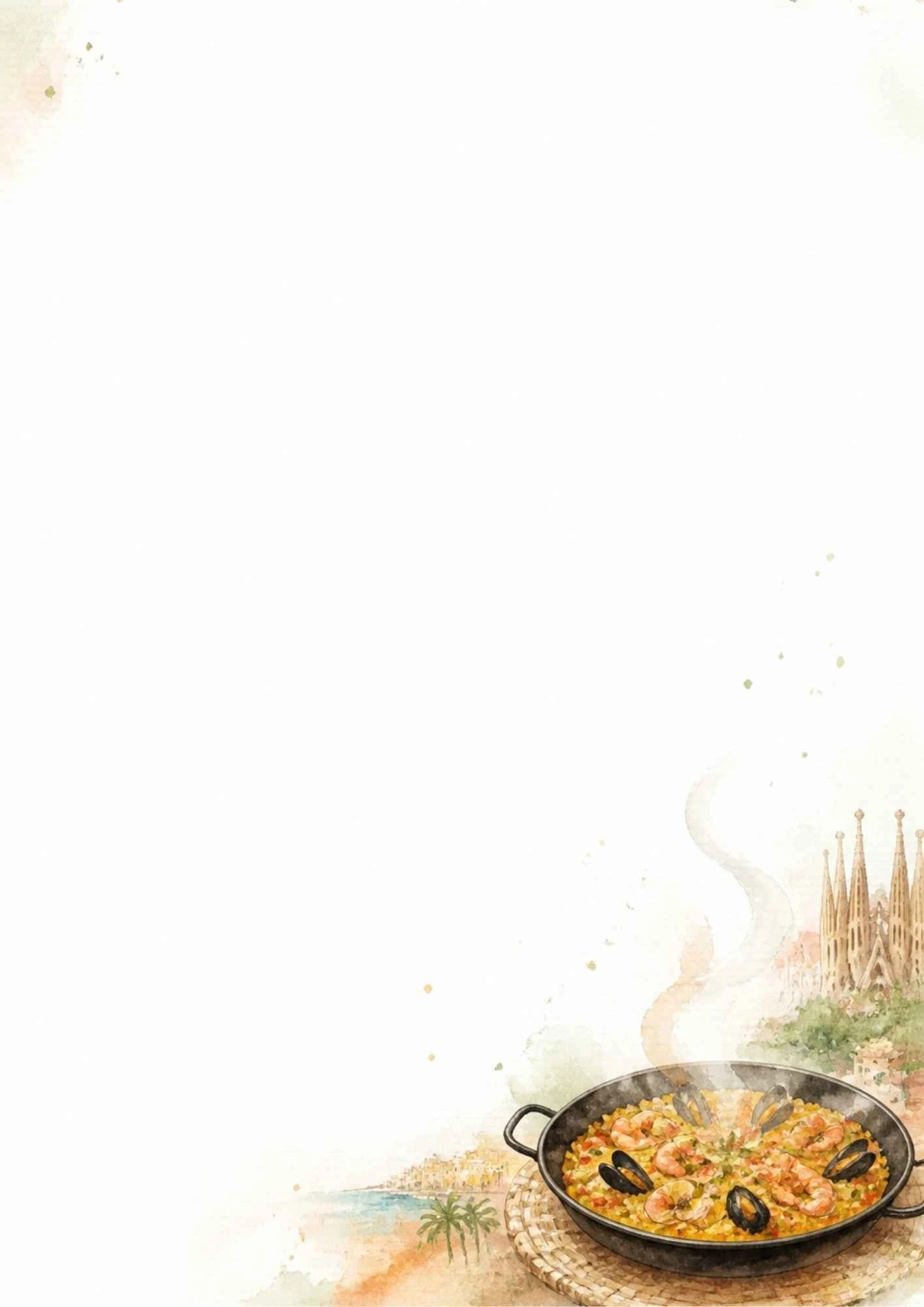 A watercolor drawing of a metal pan of paella with shrimp and mussels on a straw mat next to the beach.