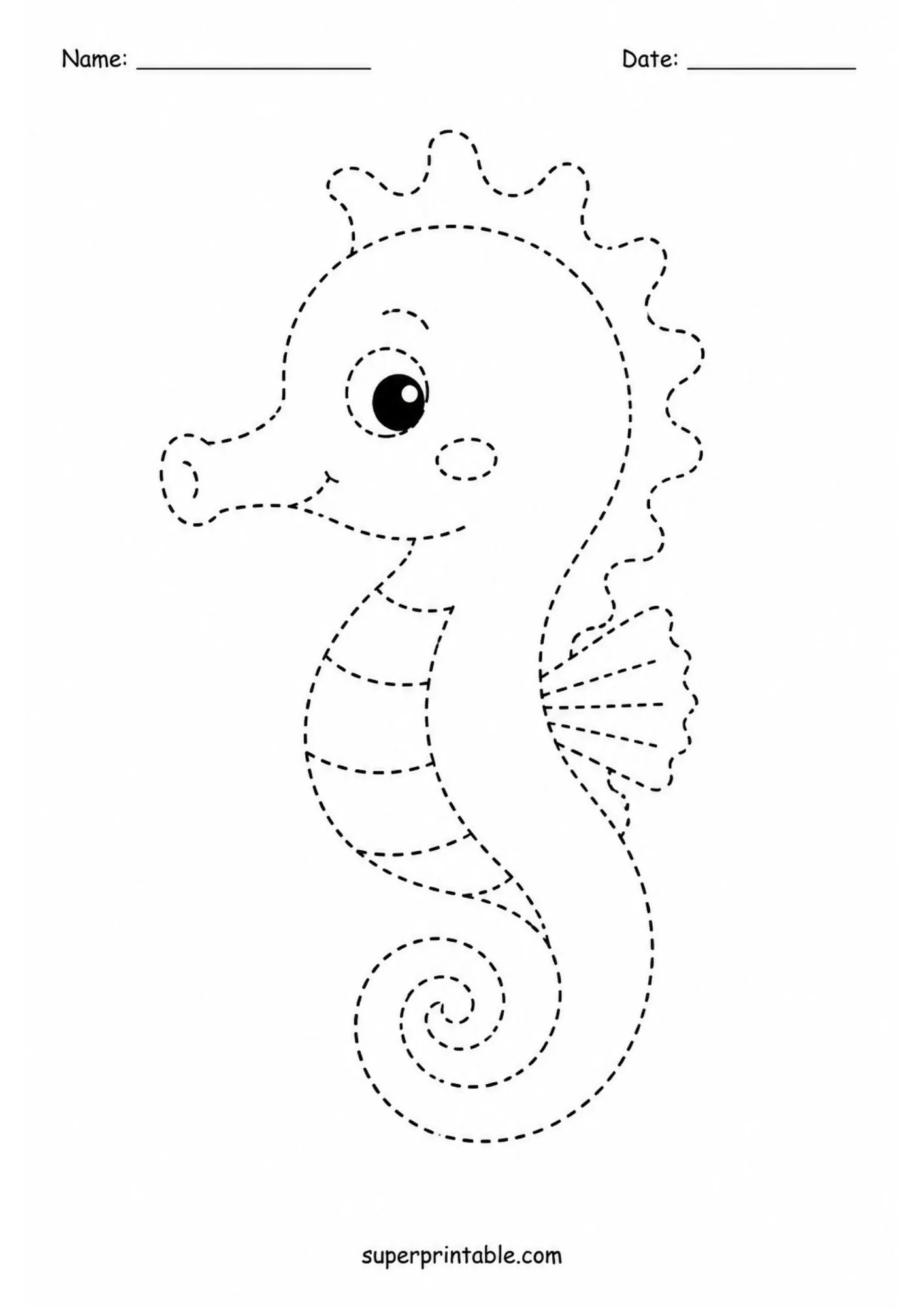 Seahorse line tracing activity page with dotted outlines and curled tail on a white background.