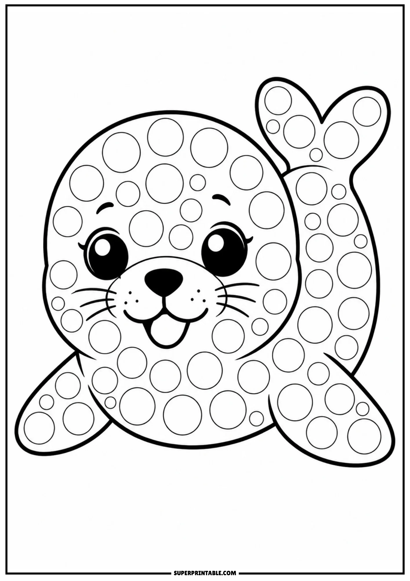 A cute cartoon baby seal resting on its stomach, smiling and covered in circular dot markers.
